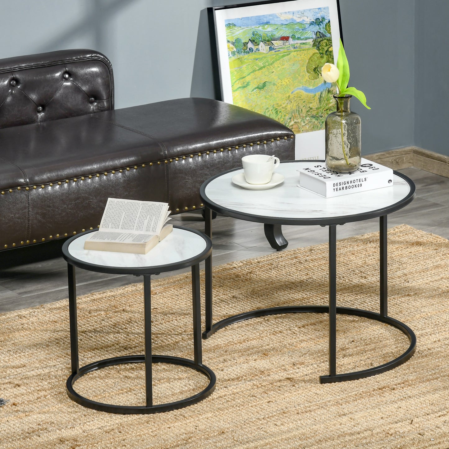 Round Nesting Coffee Table Set of 2, Stacking Modern Accent Tables with Faux Marble Tabletop and Metal Frame for Living Room, White Coffee Tables   at Gallery Canada