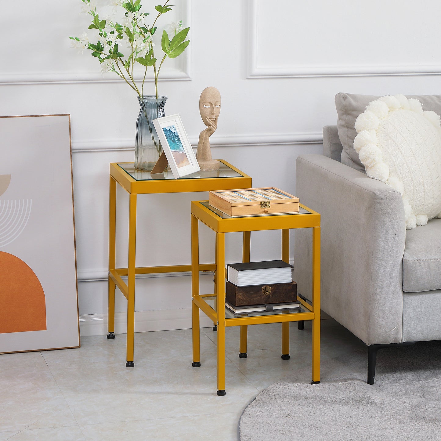 Side Tables, Nesting Tables with Steel Frame and Tempered Glass Tabletop for Living Room, 15.9"x14"x24", Gold Side Tables   at Gallery Canada