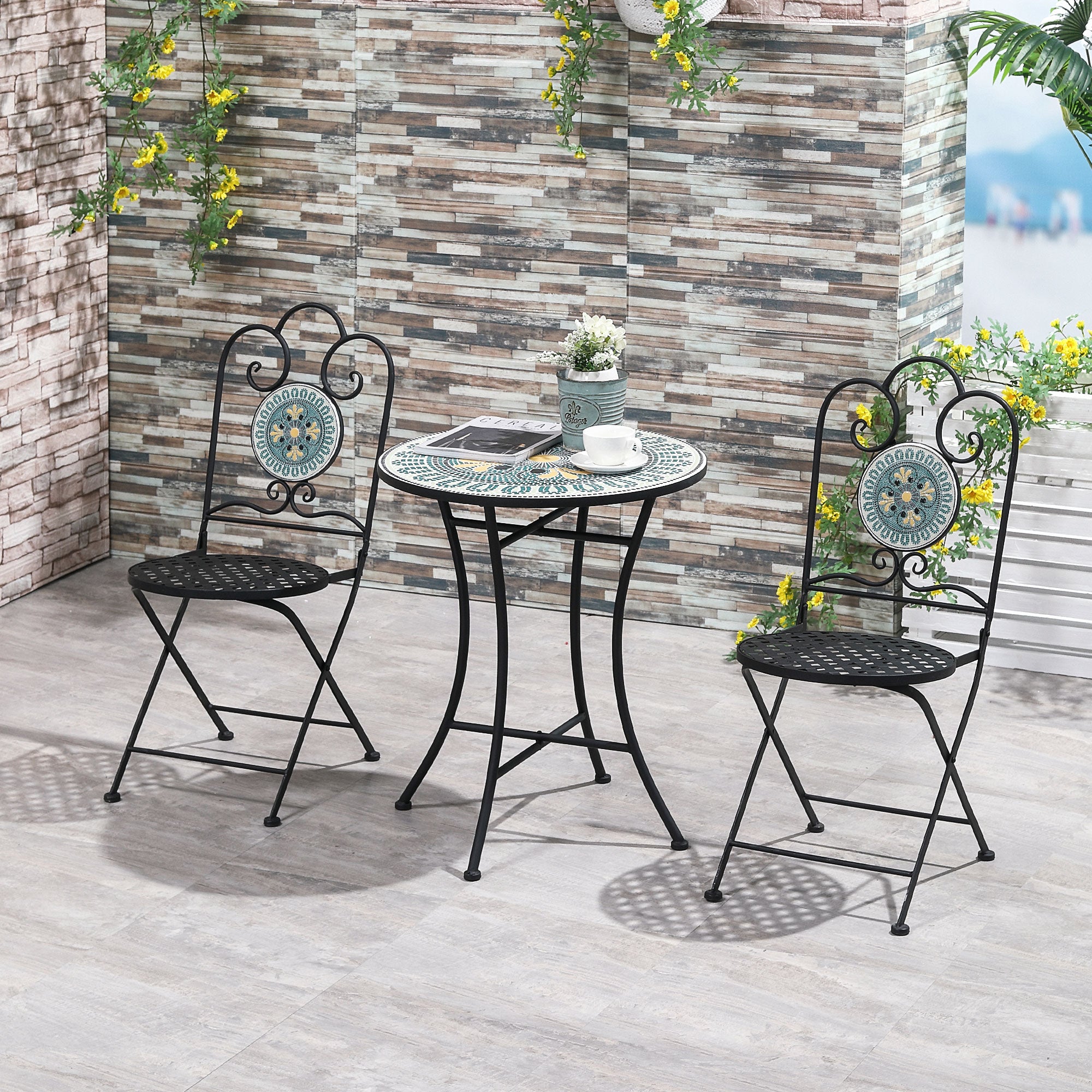 3-Piece Patio Bistro Set with Folding Chairs, Outdoor Coffee Set with Mosaic Top for Backyard, Balcony, Poolside, Green Bistro Sets   at Gallery Canada