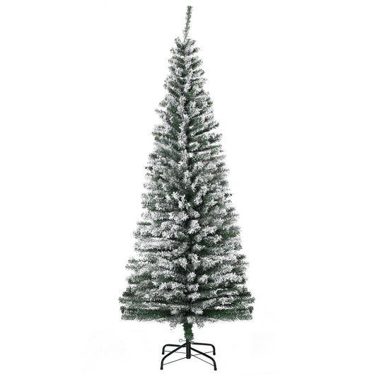 6ft Snow Flocked Pencil Christmas Tree Artificial Slim Xmas Tree with Realistic Branch Tips Folding Metal Stand - Gallery Canada