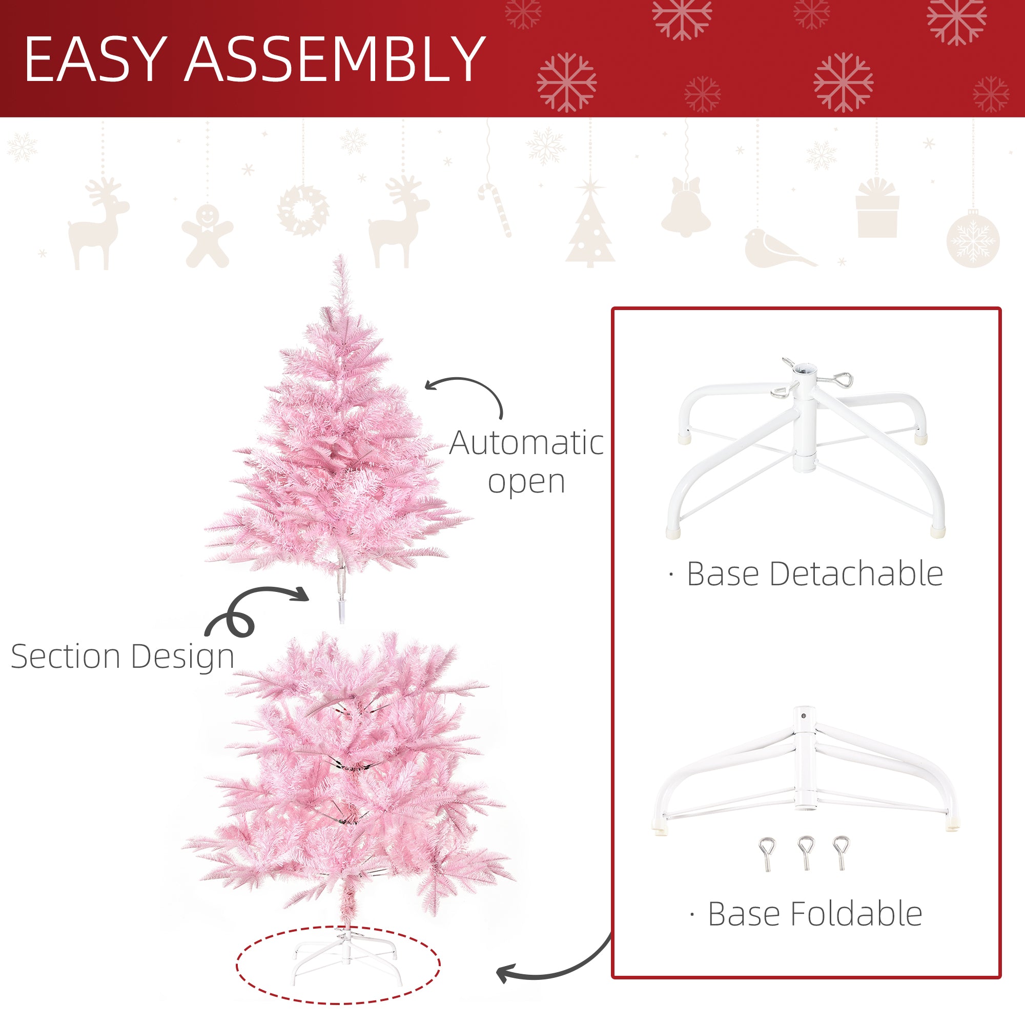 5FT Artificial Christmas Tree Holiday Xmas Tree Decoration with Automatic Open for Home Party, Pink Artificial Christmas Trees   at Gallery Canada