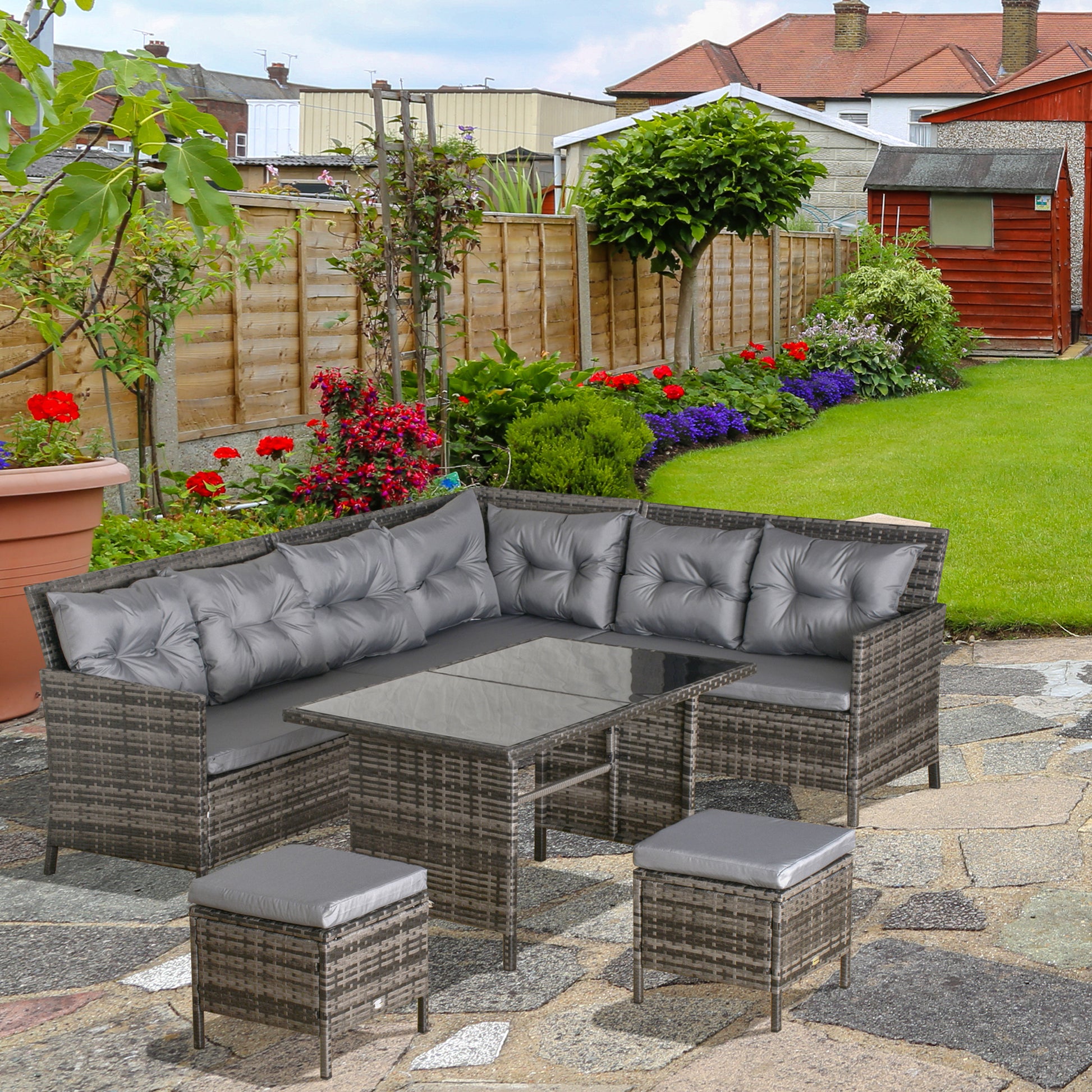 6pcs Outdoor Rattan Sofa Set Garden Wicker Sectional Couch Furniture Set with Dining Table and Chair Dark Grey - Gallery Canada