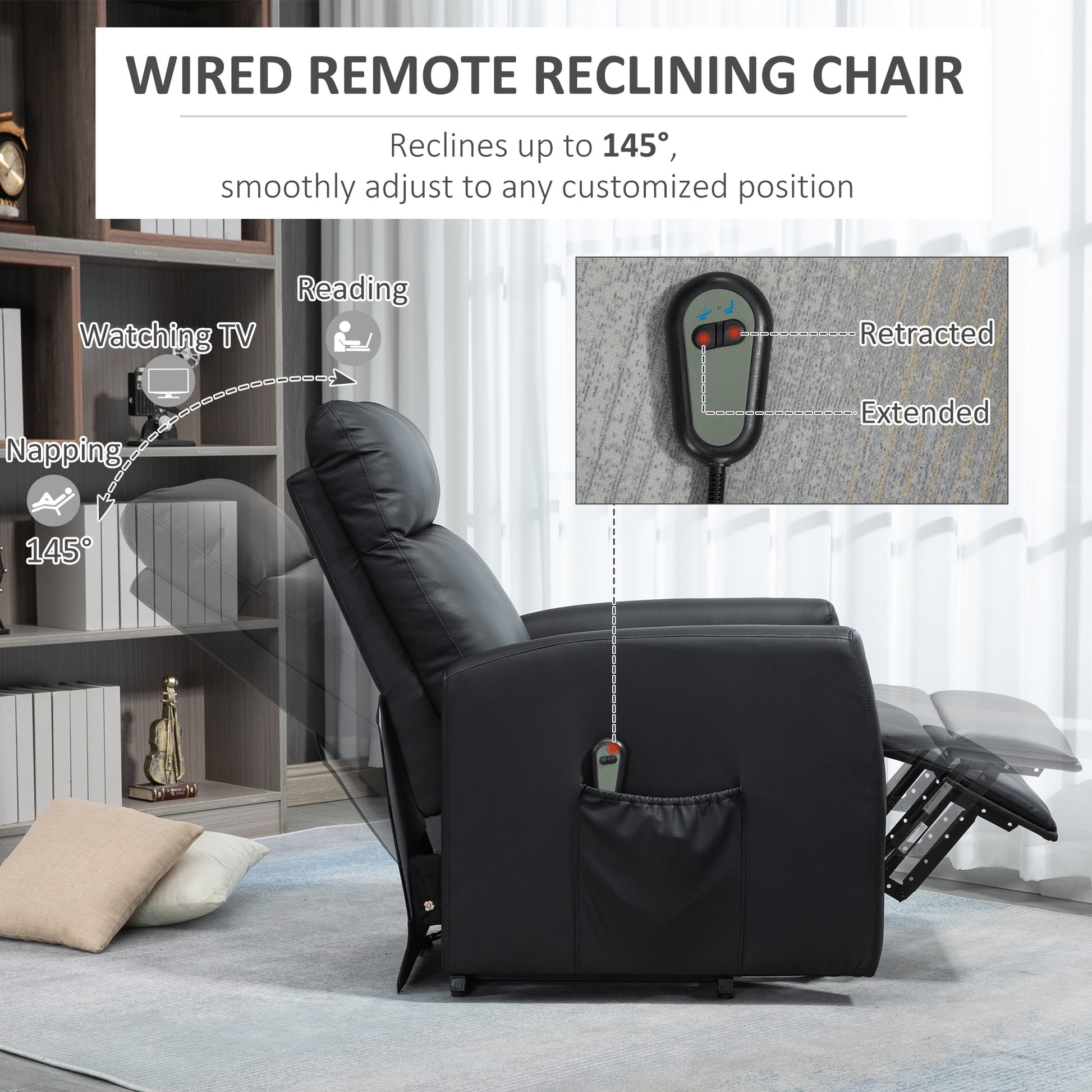 Power Lift Recliner Chair with Remote Control Side Pocket for Living Room Home Office Study Black Electric Power Lift Chairs   at Gallery Canada