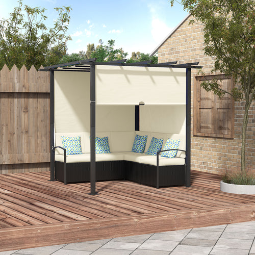 Outdoor Rattan Wicker Patio Furniture Sofa Set with Retractable Canopy Pergola for Deck, Pool, Garden, Beige