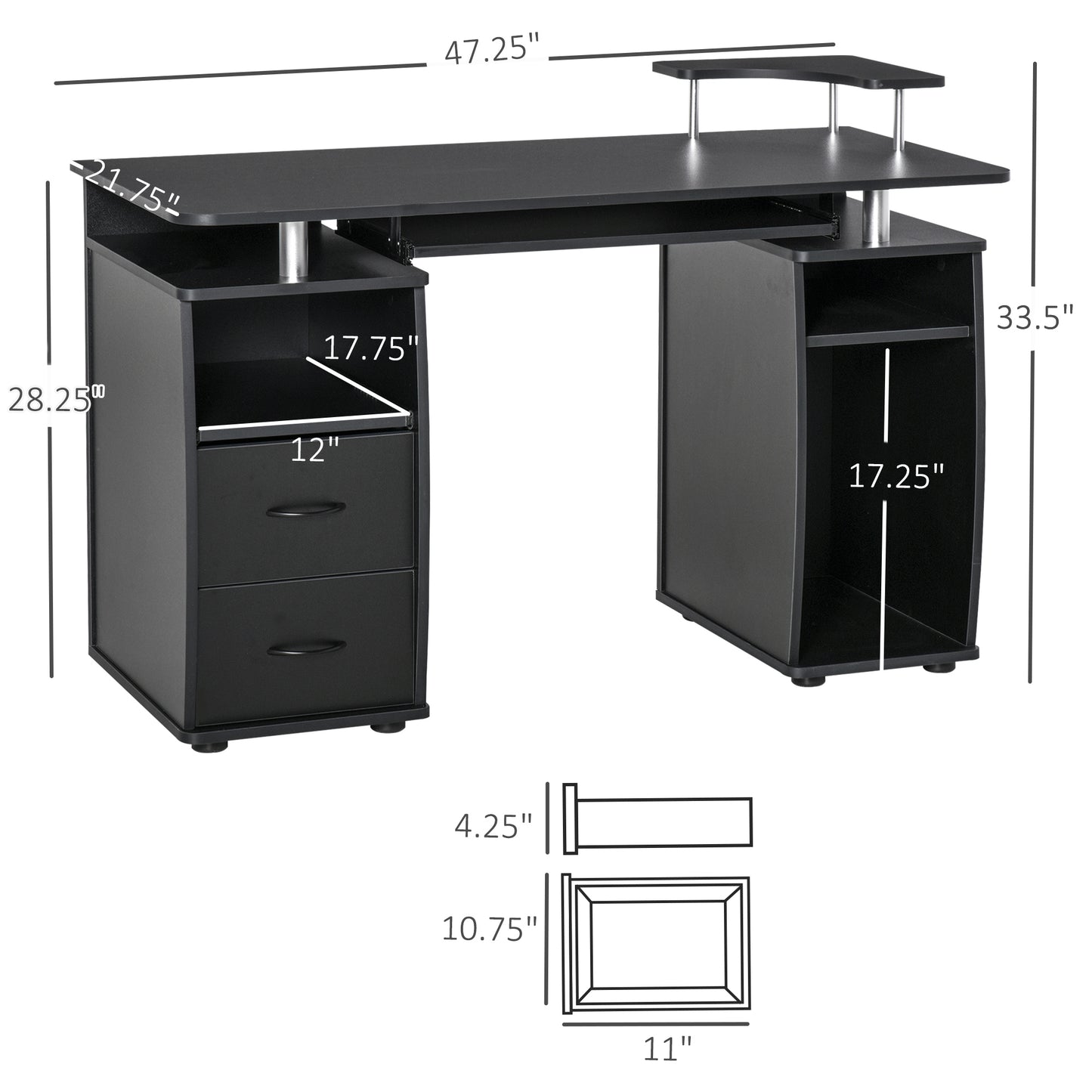 Computer Desk with Keyboard Tray, CPU Stand, Writing Desk with Drawers, Workstation for Home Office, Black Computer Desks   at Gallery Canada