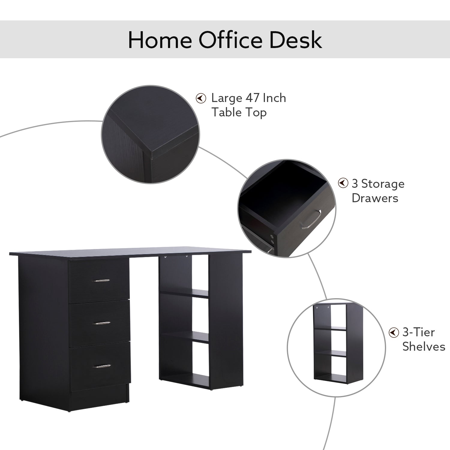 Computer Desk with 3-Tier Storage Shelves, 47 Inches Home Office Desk with Drawers, Study Writing Table, Black Writing Desks   at Gallery Canada