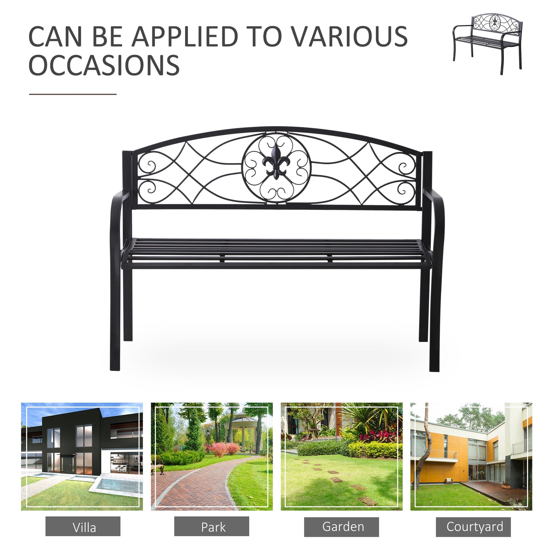 51" Steel 2 Seat Garden Bench Patio Loveseat Decorative Chair Metal Backyard Seater Outdoor Furniture All Weather Black - Gallery Canada
