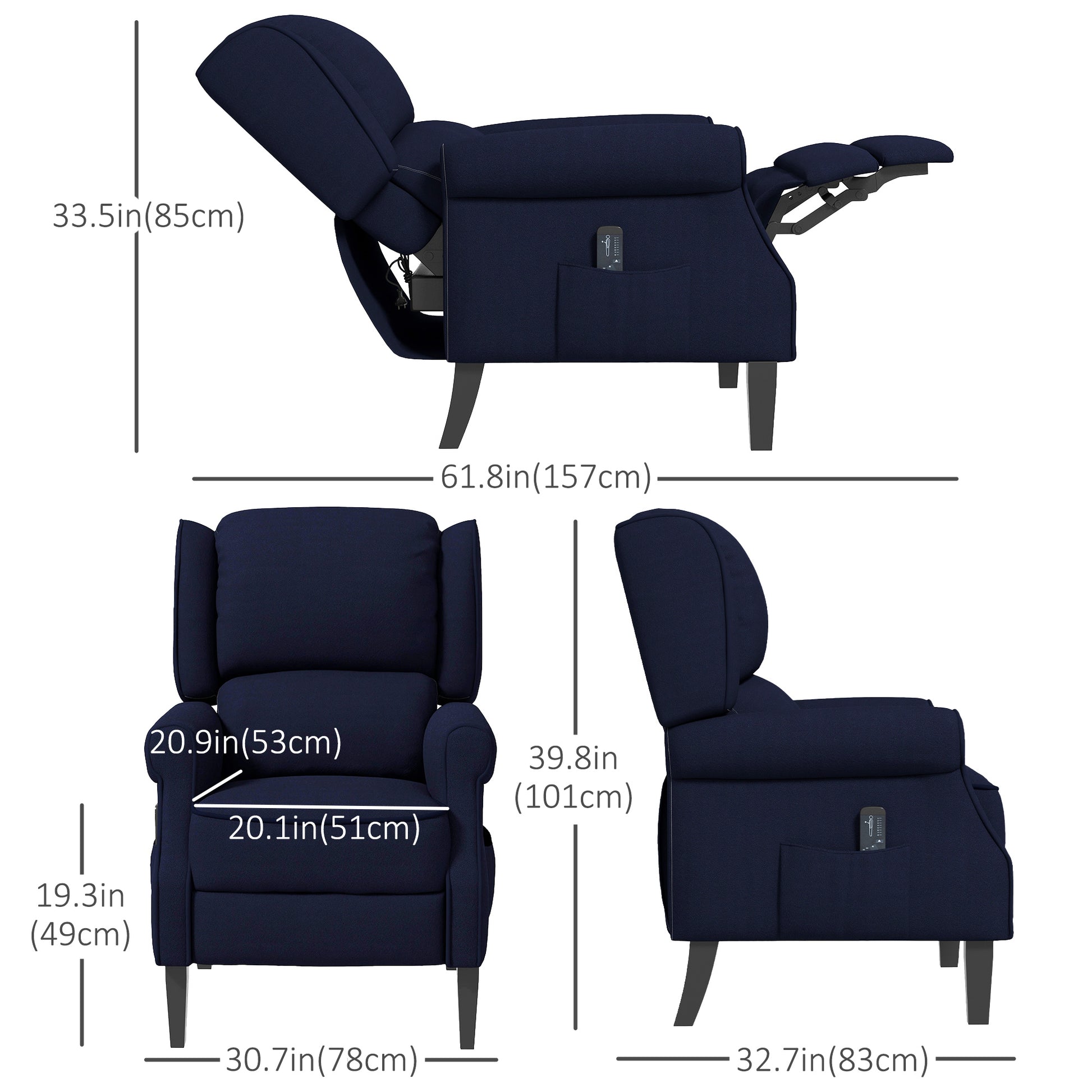 Push Back Recliner Chair, Vibration Massage Recliner for Living Room with Extendable Footrest, Remote, Pocket, Blue Single Sofas   at Gallery Canada