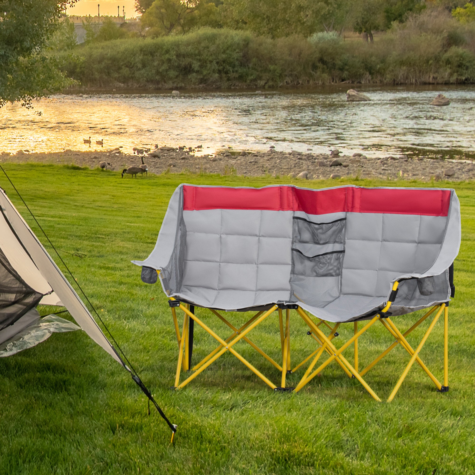 Compact Double Seat Camping Chair with Storage Pocket & Cup Holder, Red Picnic Tables & Camping Chairs   at Gallery Canada