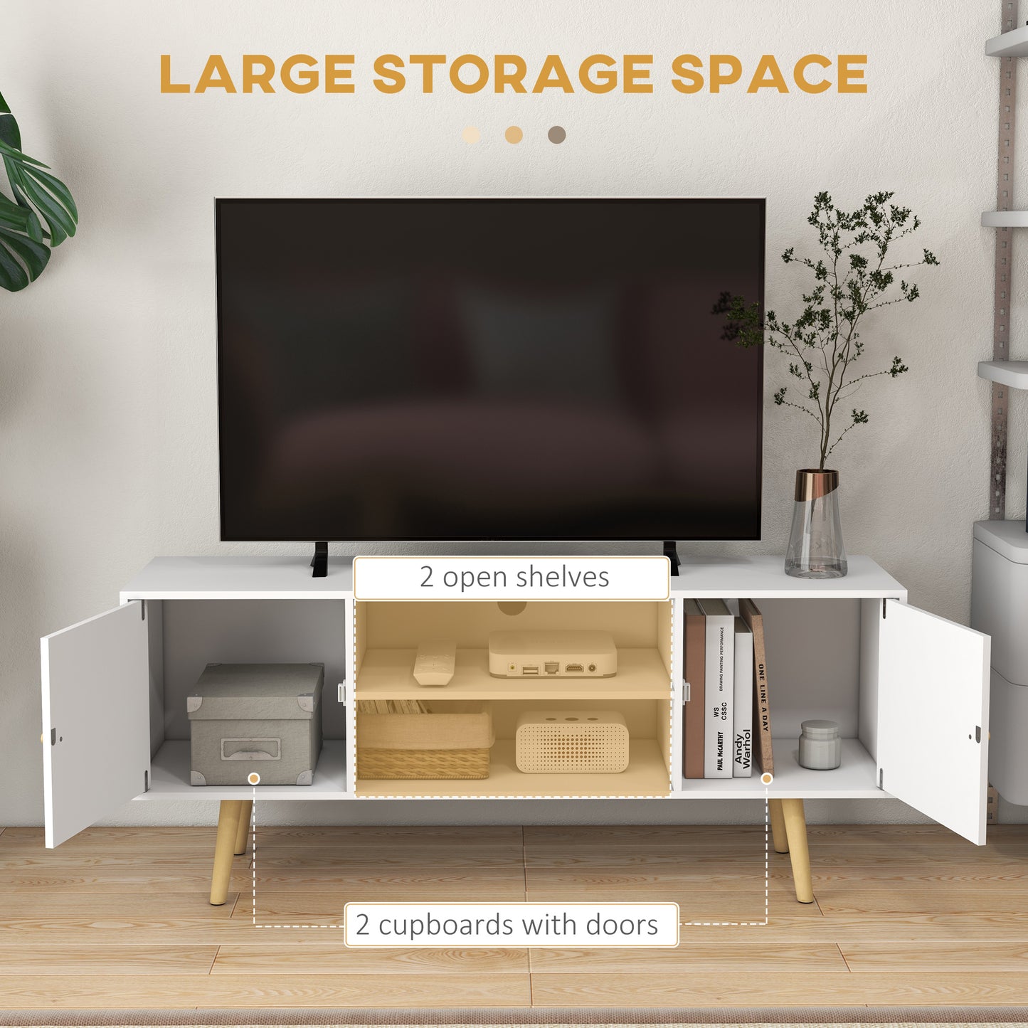 TV Stand Cabinet for TVs up to 55 Inches, Entertainment Unit with Storage Shelves and Wood Legs for Living Room, White TV Stands   at Gallery Canada