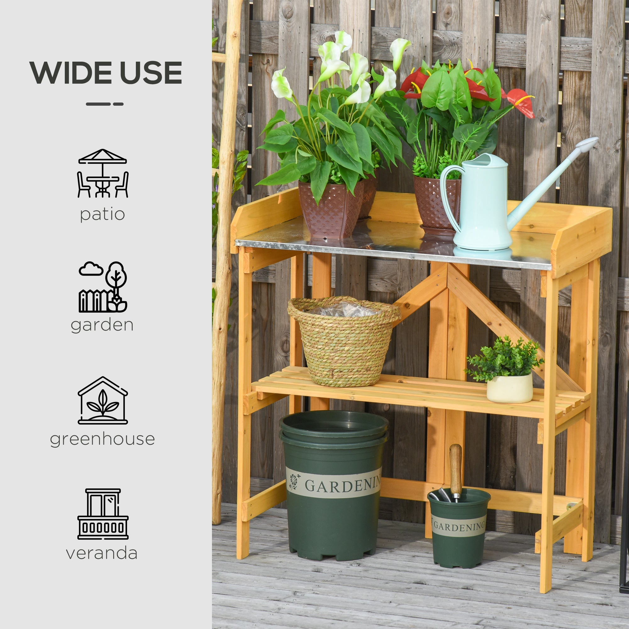 Outdoor Garden Potting Bench Table Foldable Work Bench w/ Open Shelf Metal Tabletop Natural Wood Frame 33.5