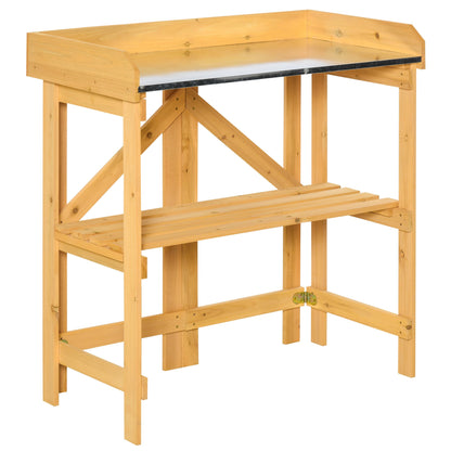 Outdoor Garden Potting Bench Table Foldable Work Bench w/ Open Shelf Metal Tabletop Natural Wood Frame 33.5"x17.25"x35" Yellow Potting Benches & Tables Yellow  at Gallery Canada