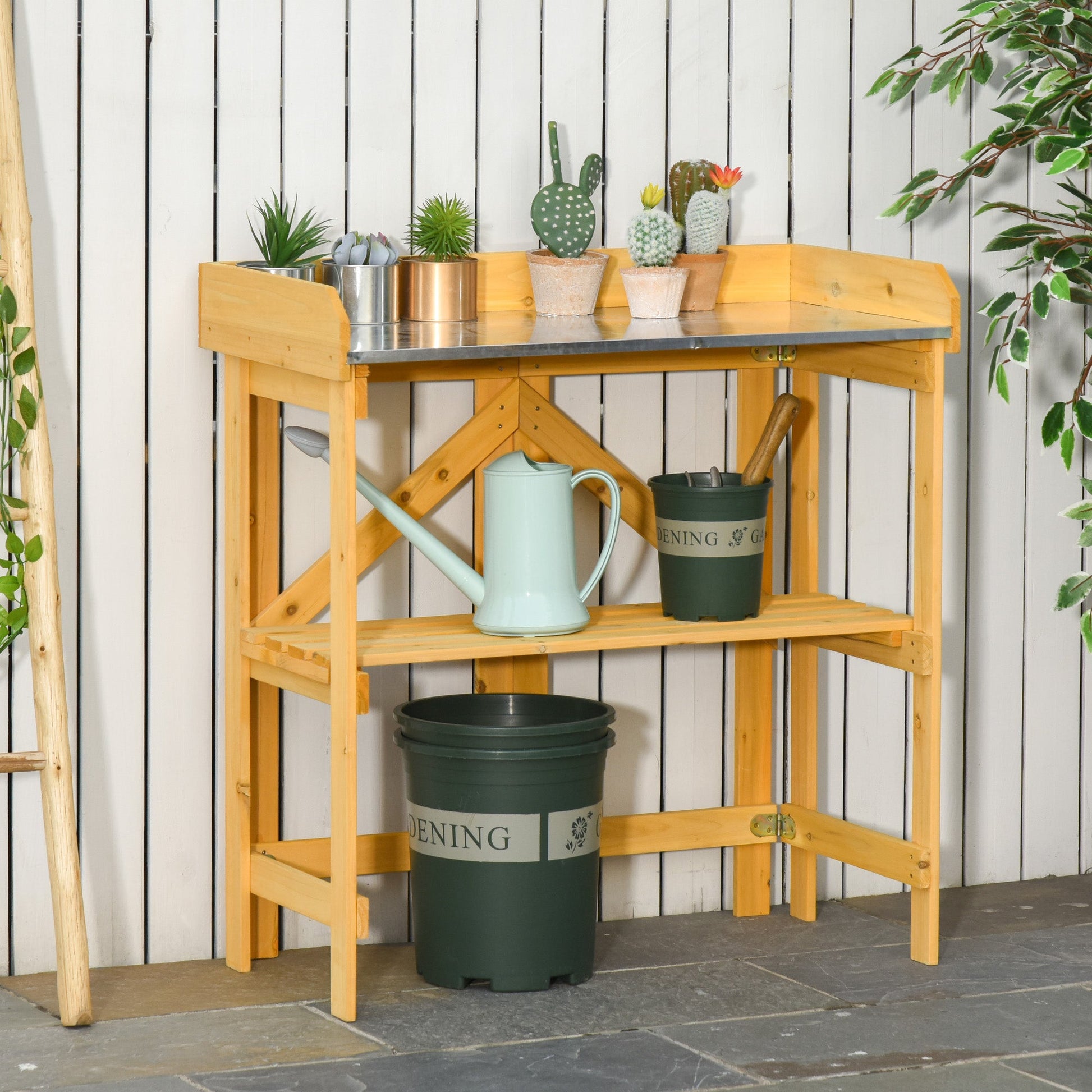 Outdoor Garden Potting Bench Table Foldable Work Bench w/ Open Shelf Metal Tabletop Natural Wood Frame 33.5"x17.25"x35" Yellow Potting Benches & Tables   at Gallery Canada