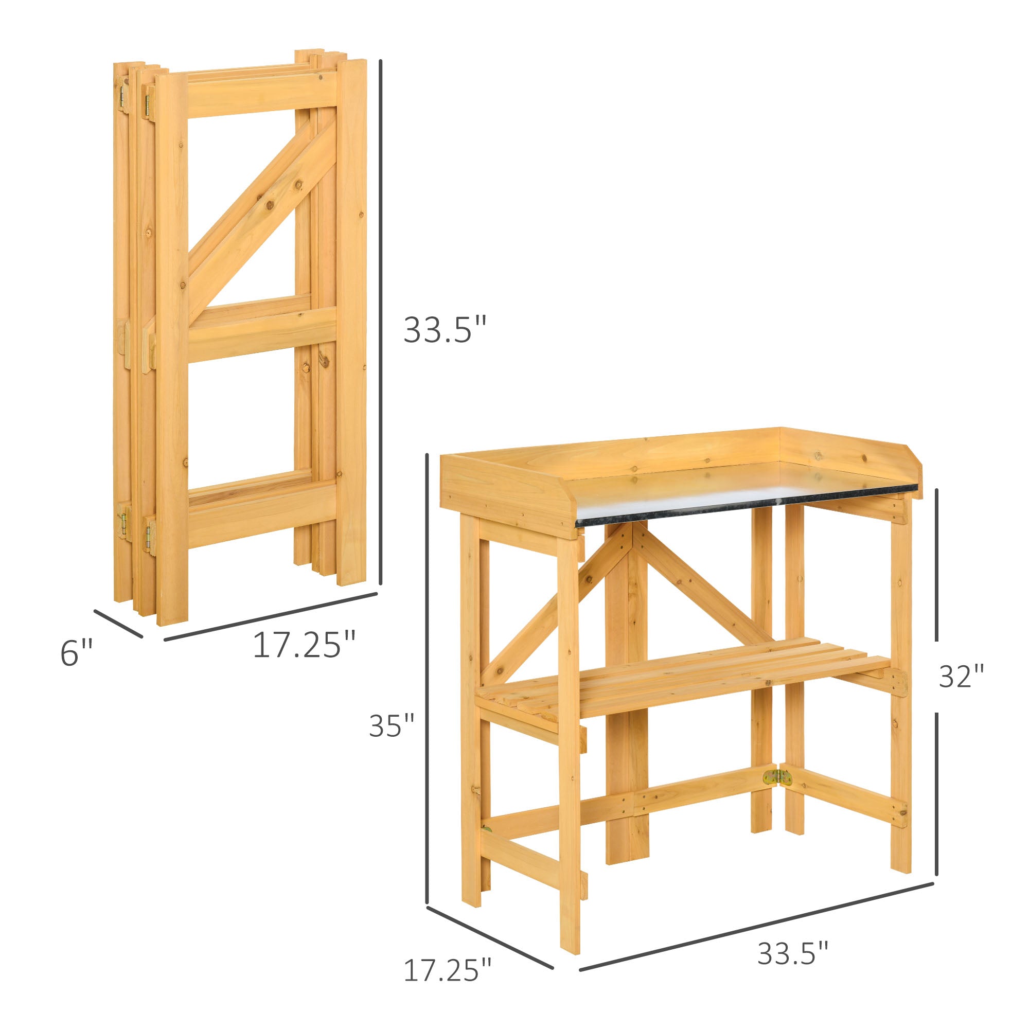 Outdoor Garden Potting Bench Table Foldable Work Bench w/ Open Shelf Metal Tabletop Natural Wood Frame 33.5