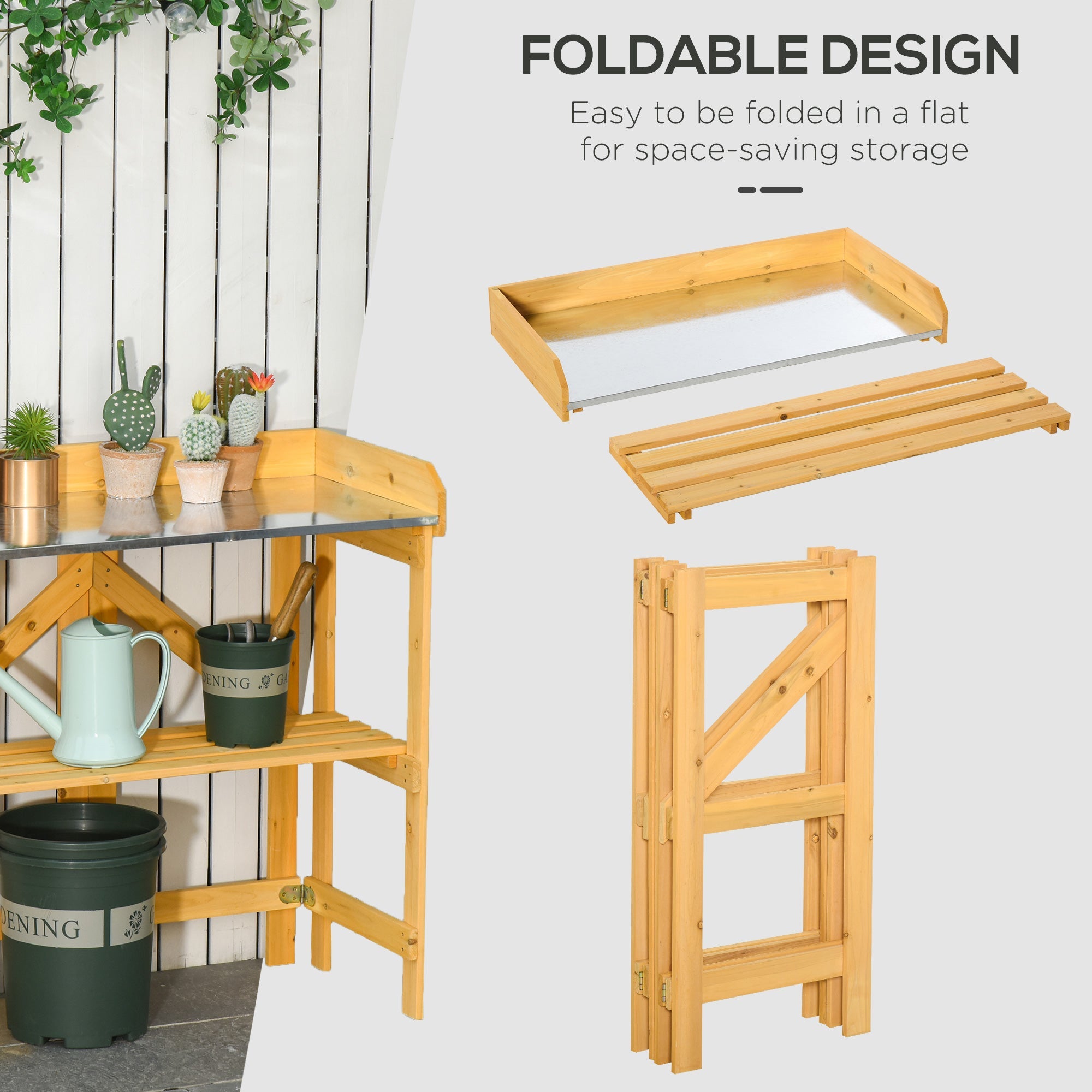 Outdoor Garden Potting Bench Table Foldable Work Bench w/ Open Shelf Metal Tabletop Natural Wood Frame 33.5