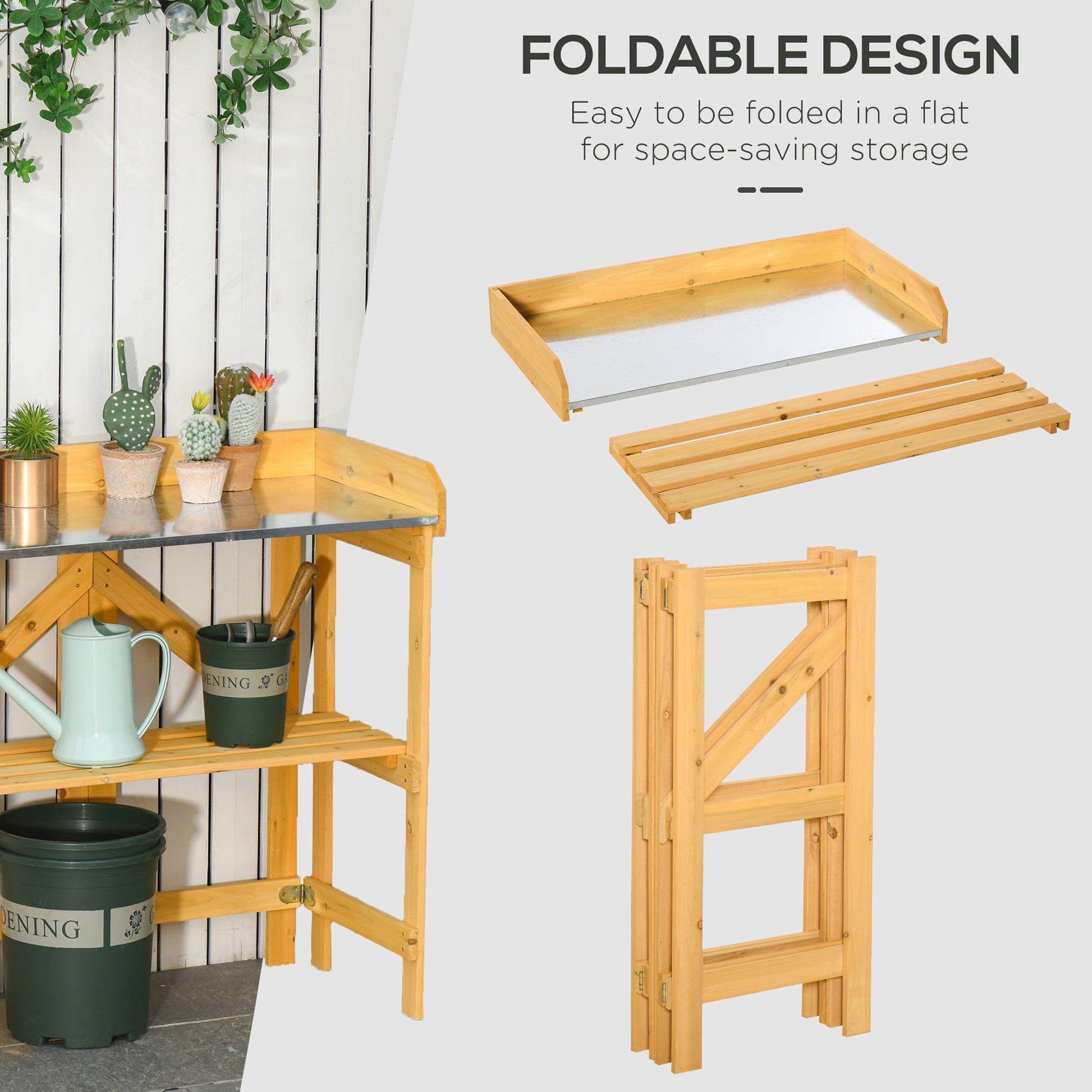 Outdoor Garden Potting Bench Table Foldable Work Bench w/ Open Shelf Metal Tabletop Natural Wood Frame 33.5"x17.25"x35" Yellow Potting Benches & Tables   at Gallery Canada