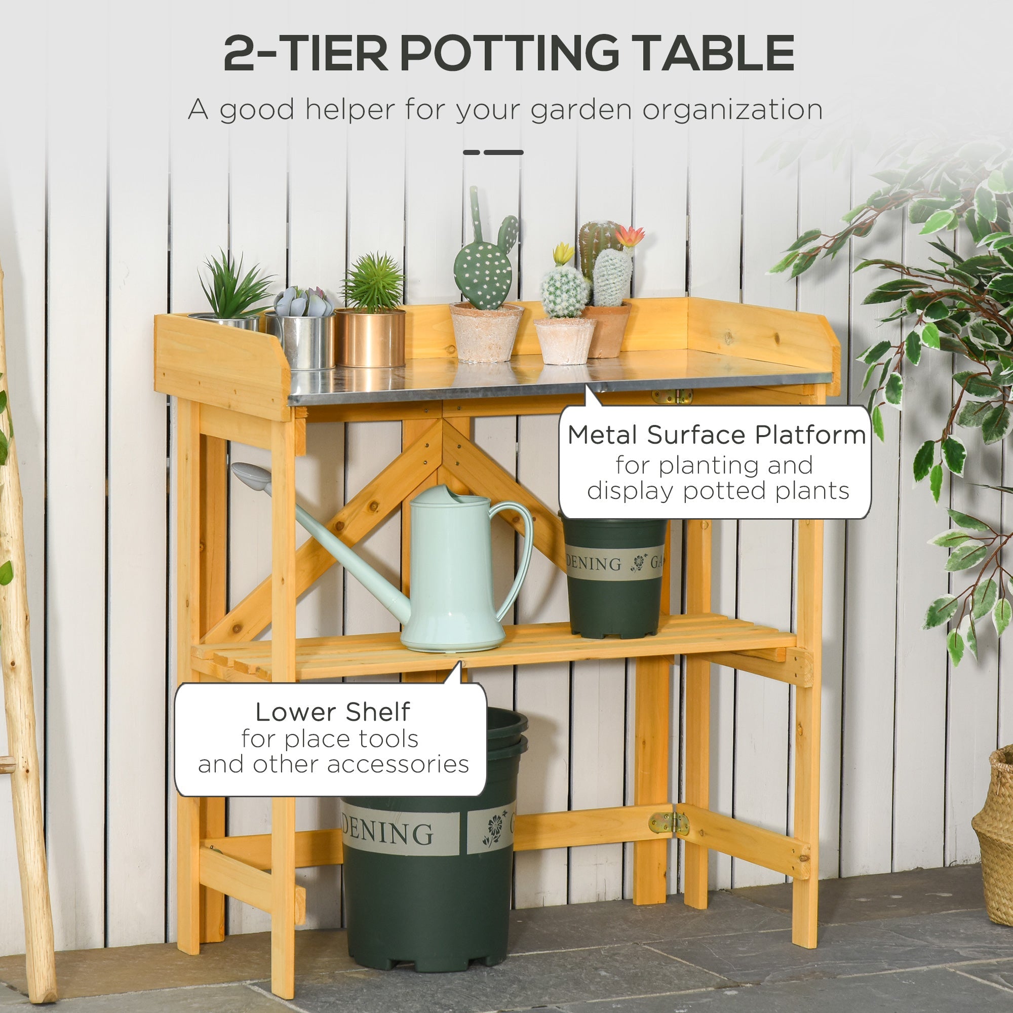 Outdoor Garden Potting Bench Table Foldable Work Bench w/ Open Shelf Metal Tabletop Natural Wood Frame 33.5