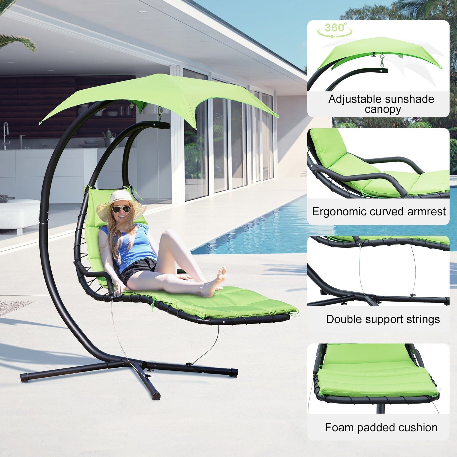 Floating Chaise Lounge Chair with Stand, Canopy, Cushion, Green Hammock Seat Patio Swings with Stand   at Gallery Canada