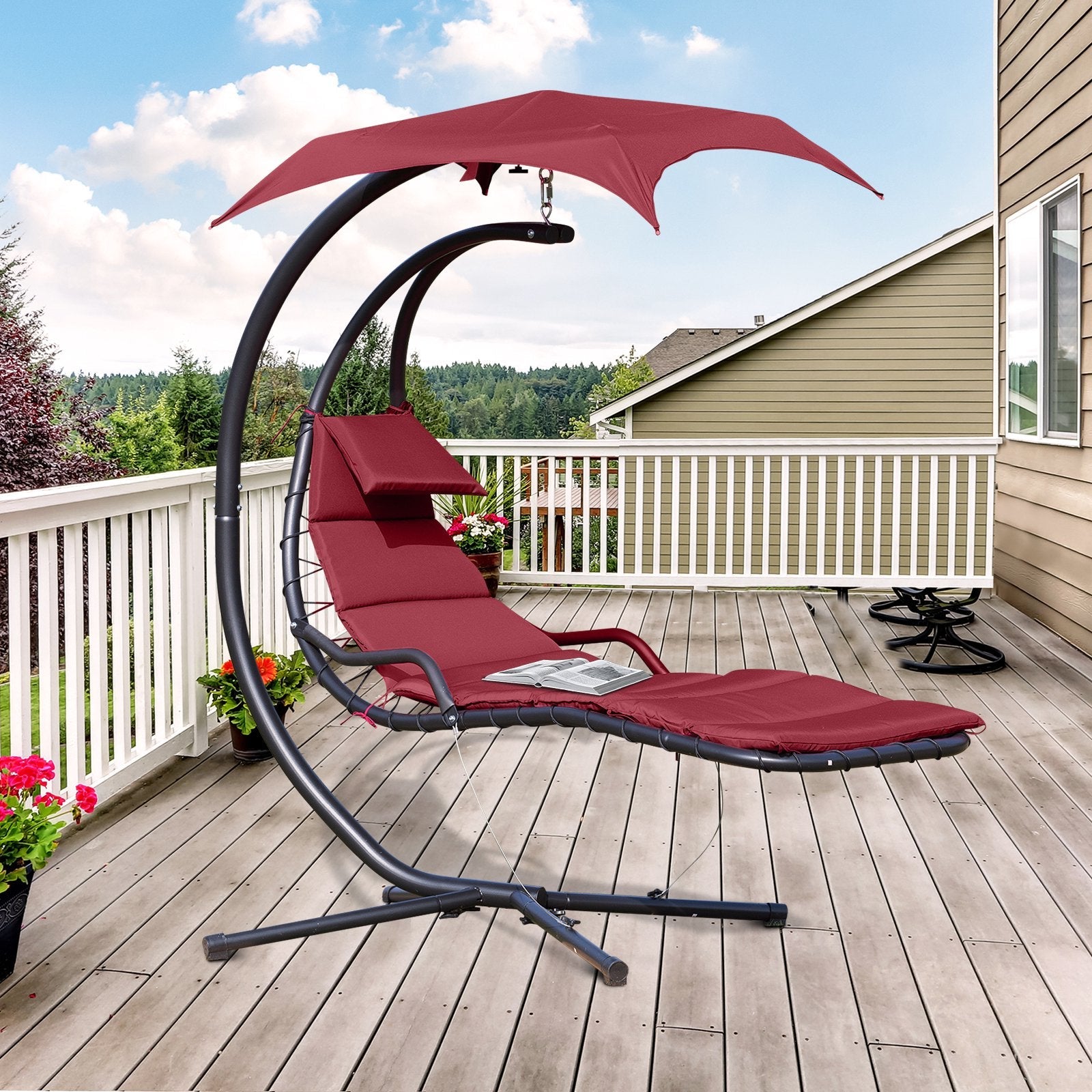 Floating Chaise Lounge Hammock Chair with Stand and Canopy, Wine Red Patio Swings with Stand   at Gallery Canada