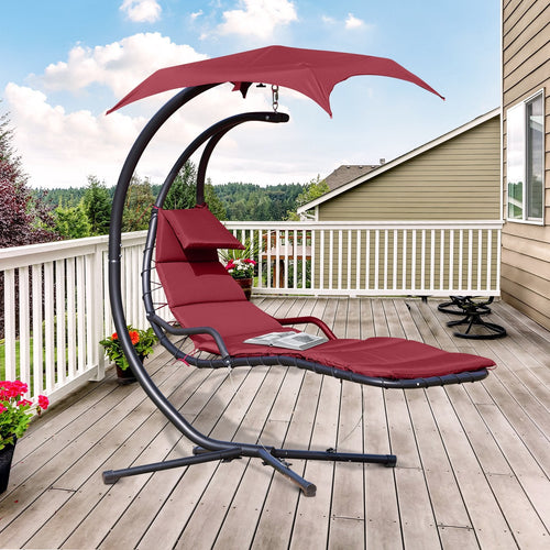 Floating Chaise Lounge Hammock Chair with Stand and Canopy, Wine Red