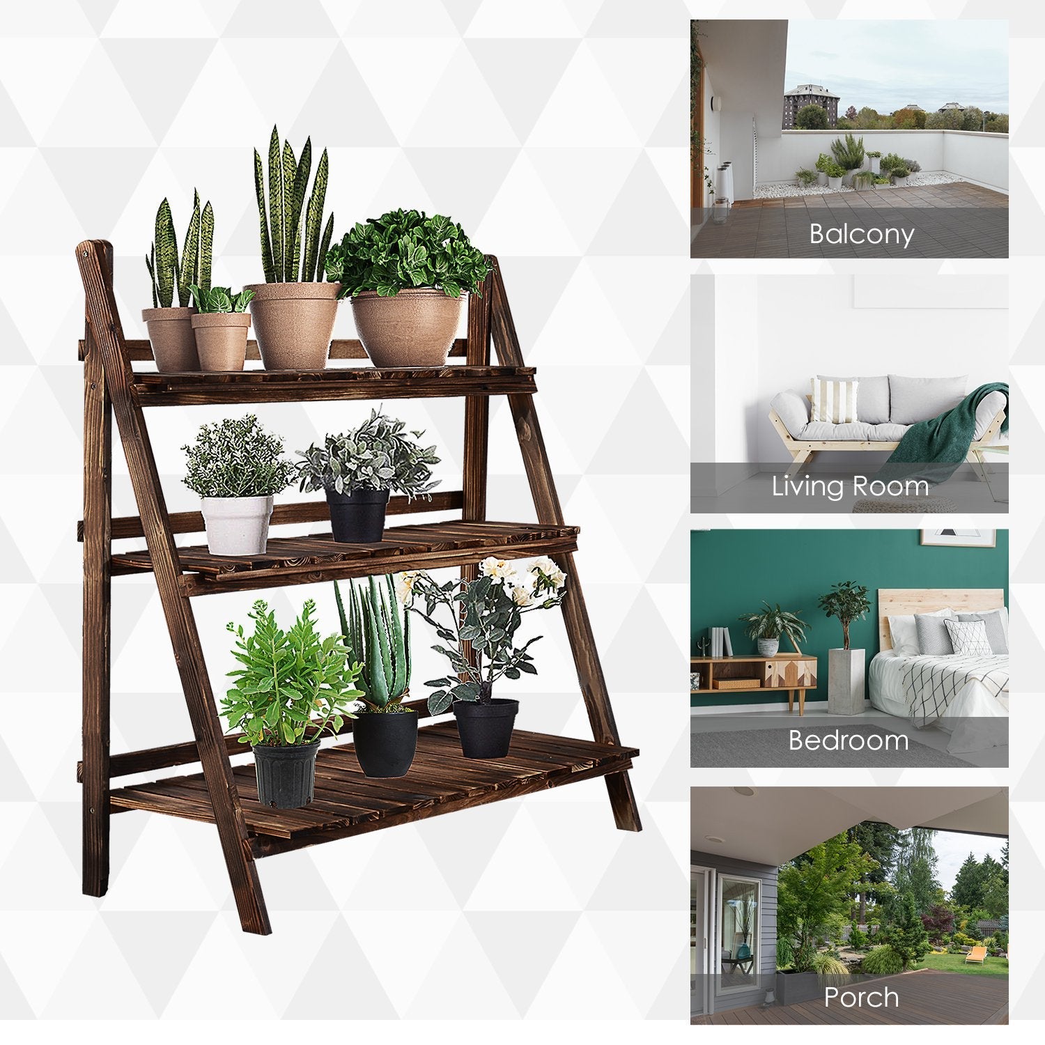 Outdoor Plant Stand, Foldable Flower Stand 3-Tier Wooden Plant Shelf for Garden Indoor Outdoor, 16