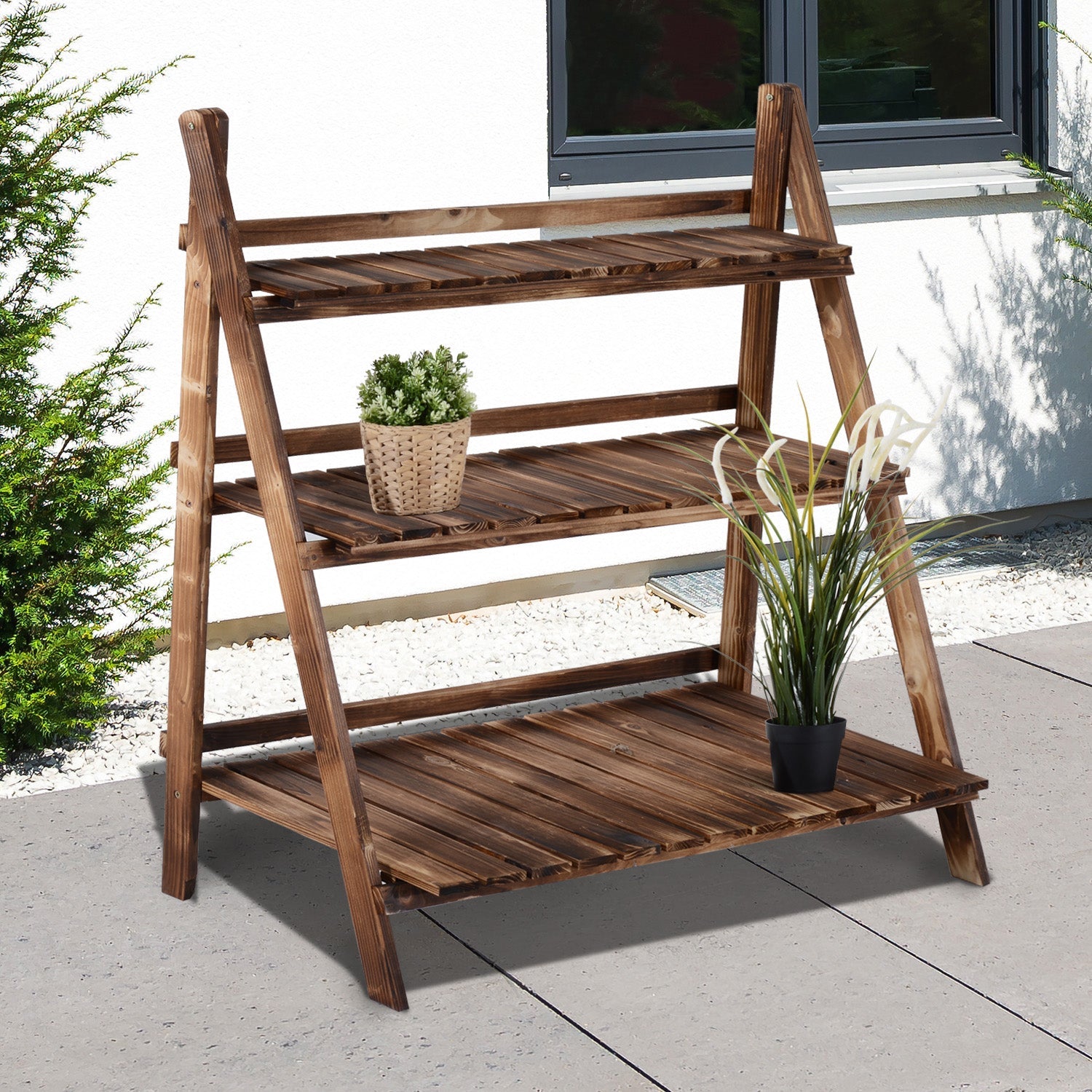 Outdoor Plant Stand, Foldable Flower Stand 3-Tier Wooden Plant Shelf for Garden Indoor Outdoor, 16