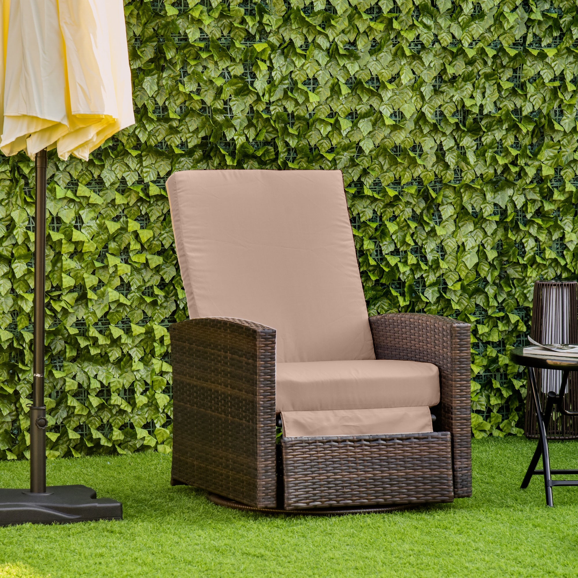 Outdoor Recliner Chair Rattan Swivel Chair, Wicker Sofa with Footrest &; Soft Cushion, Khaki &; Brown Patio Chairs   at Gallery Canada