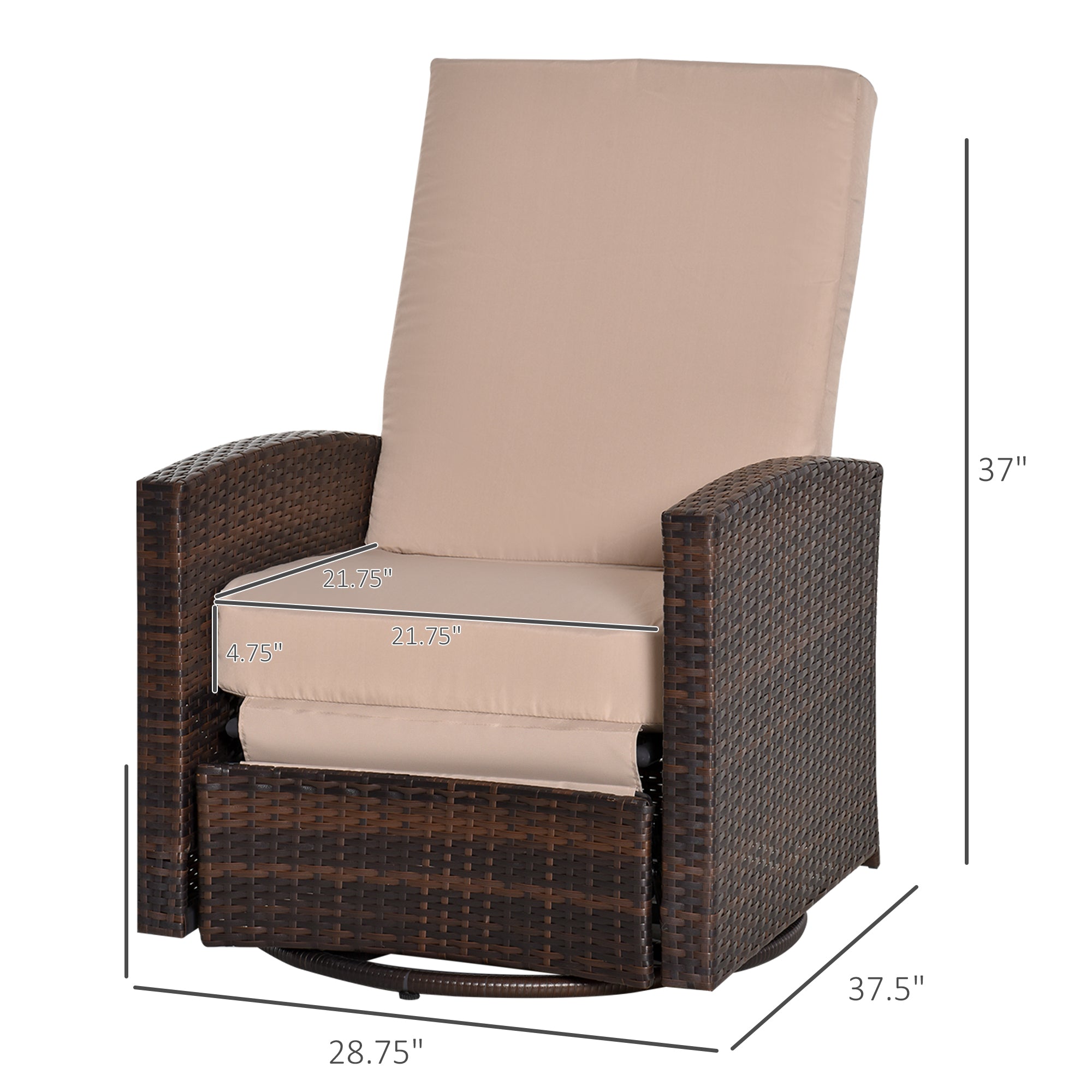 Outdoor Recliner Chair Rattan Swivel Chair, Wicker Sofa with Footrest &; Soft Cushion, Khaki &; Brown Patio Chairs   at Gallery Canada