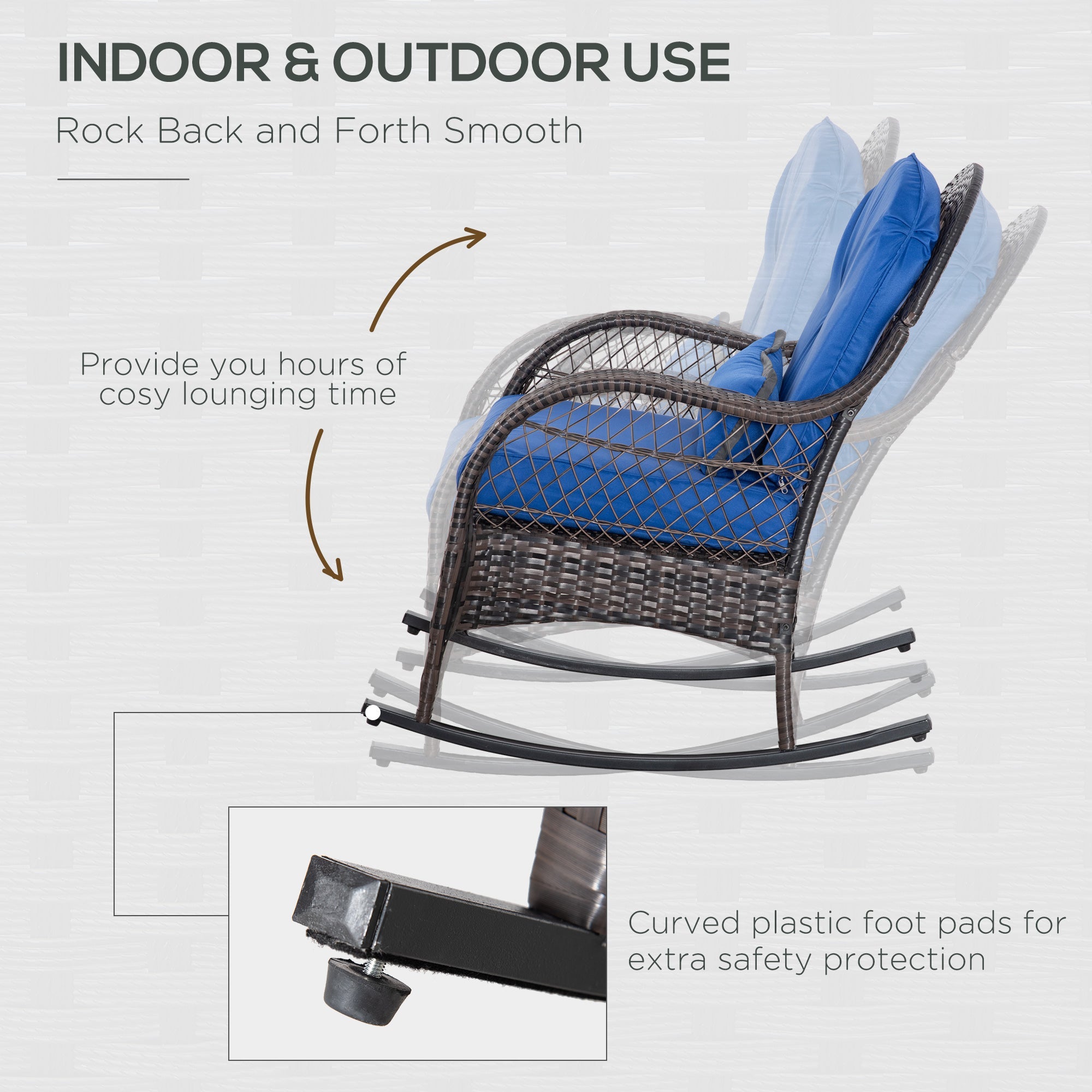 Outdoor Rocking Chair with Seat and Back Cushion, Outdoor PE Rattan Garden Chair with Curved Armrests, for Porch, Backyard, Poolside, Blue Outdoor Rocking Chairs   at Gallery Canada