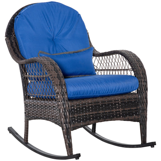 Outdoor Rocking Chair with Seat and Back Cushion, Outdoor PE Rattan Garden Chair with Curved Armrests, for Porch, Backyard, Poolside, Blue - Gallery Canada
