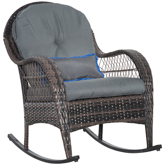 Outdoor Rocking Chair with Seat and Back Cushion, Outdoor PE Rattan Garden Chair with Curved Armrests, for Porch, Backyard, Poolside, Grey - Gallery Canada
