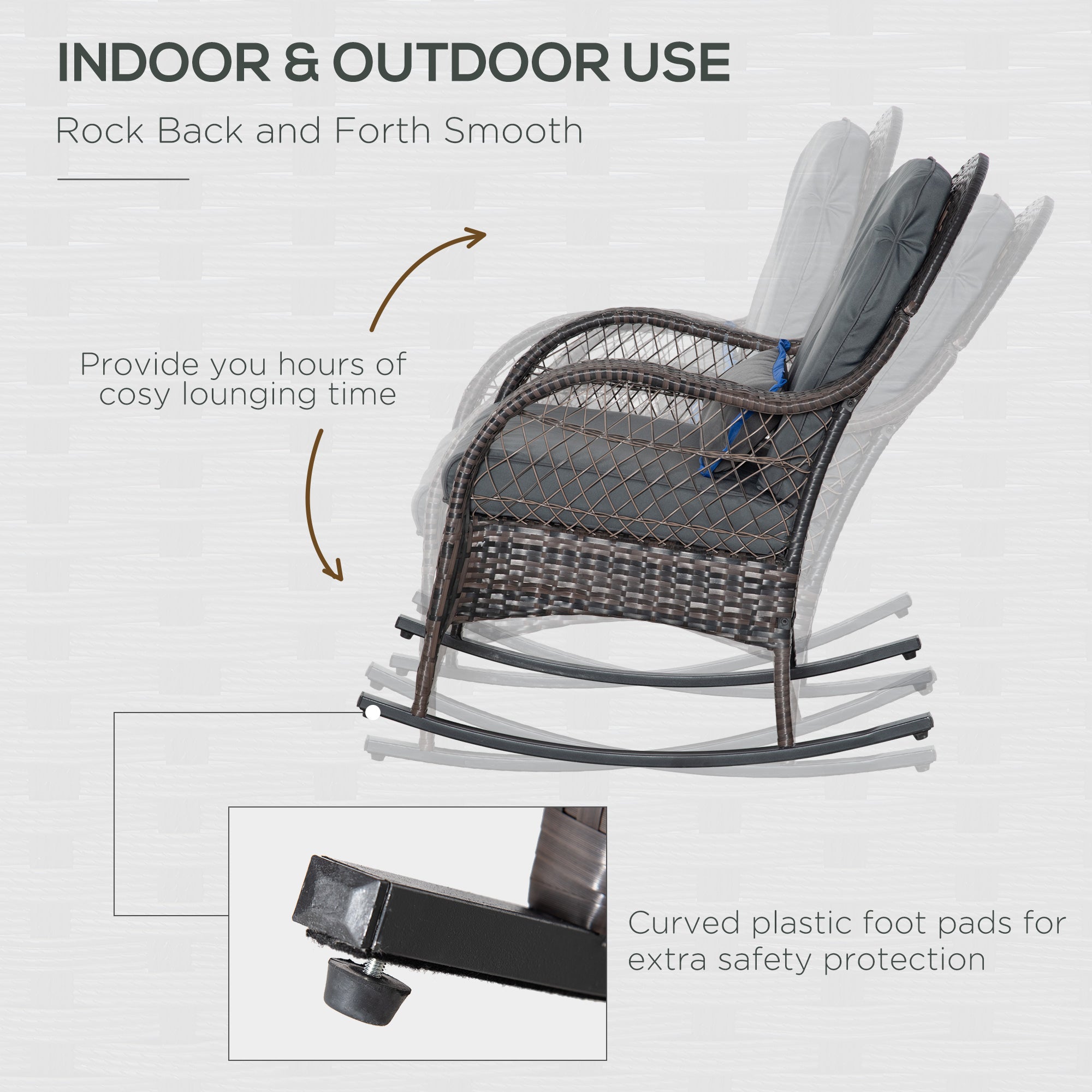 Outdoor Rocking Chair with Seat and Back Cushion, Outdoor PE Rattan Garden Chair with Curved Armrests, for Porch, Backyard, Poolside, Grey Outdoor Rocking Chairs   at Gallery Canada