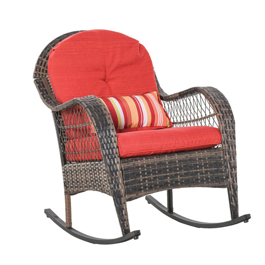 Outdoor Rocking Chair with Seat and Back Cushion, Outdoor PE Rattan Garden Chair with Curved Armrests, for Porch, Backyard, Poolside, Red - Gallery Canada