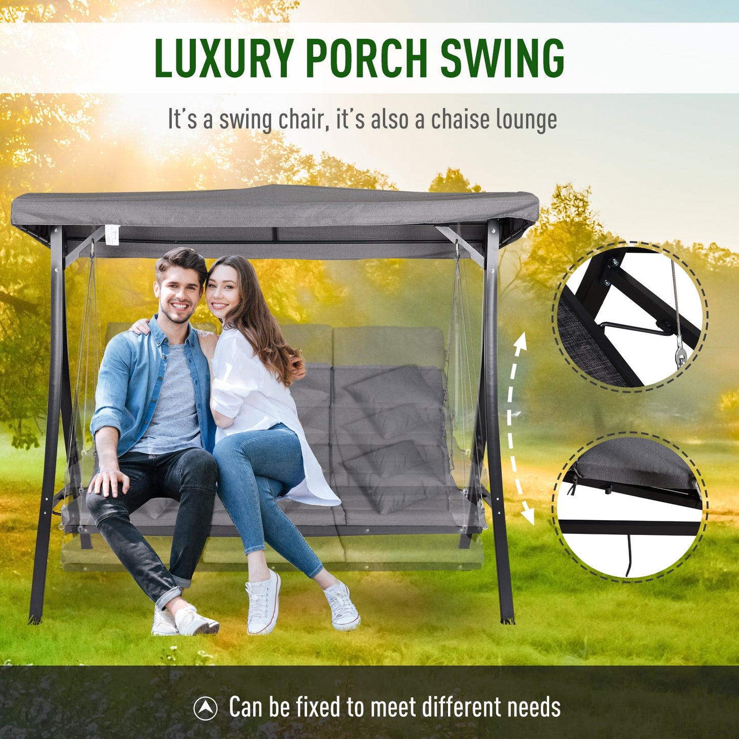 Outdoor Swing 3-Person Metal Porch Swing Chair Chaise Lounge Bed for Patio Garden Poolside - Gallery Canada