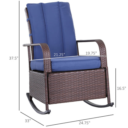 Outdoor Wicker Rocking Chair with Cushion, Patio PE Rattan Recliner Chair with Adjustable Footrest, Armrests, Dark Blue Outdoor Rocking Chairs   at Gallery Canada