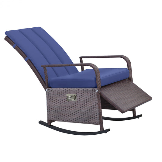 Outdoor Wicker Rocking Chair with Cushion, Patio PE Rattan Recliner Chair with Adjustable Footrest, Armrests, Dark Blue Outdoor Rocking Chairs Multi Colour  at Gallery Canada