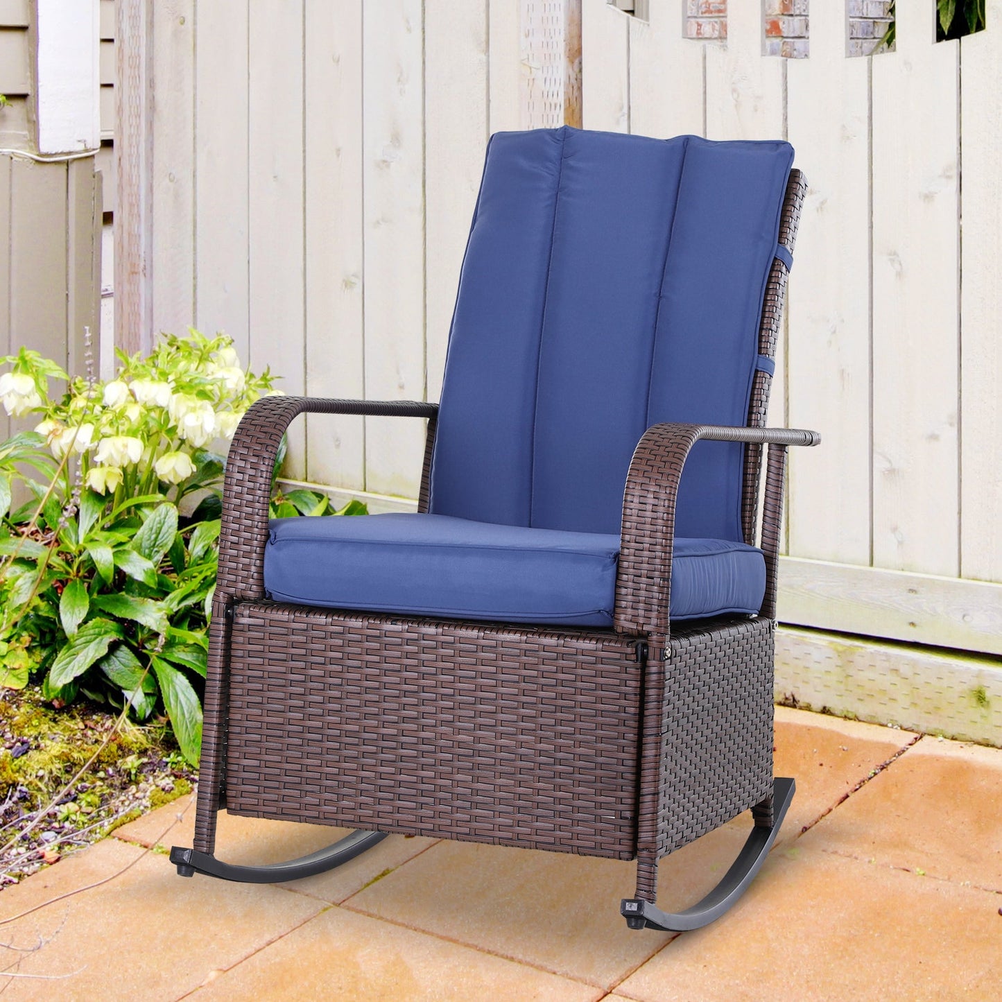 Outdoor Wicker Rocking Chair with Cushion, Patio PE Rattan Recliner Chair with Adjustable Footrest, Armrests, Dark Blue Outdoor Rocking Chairs   at Gallery Canada