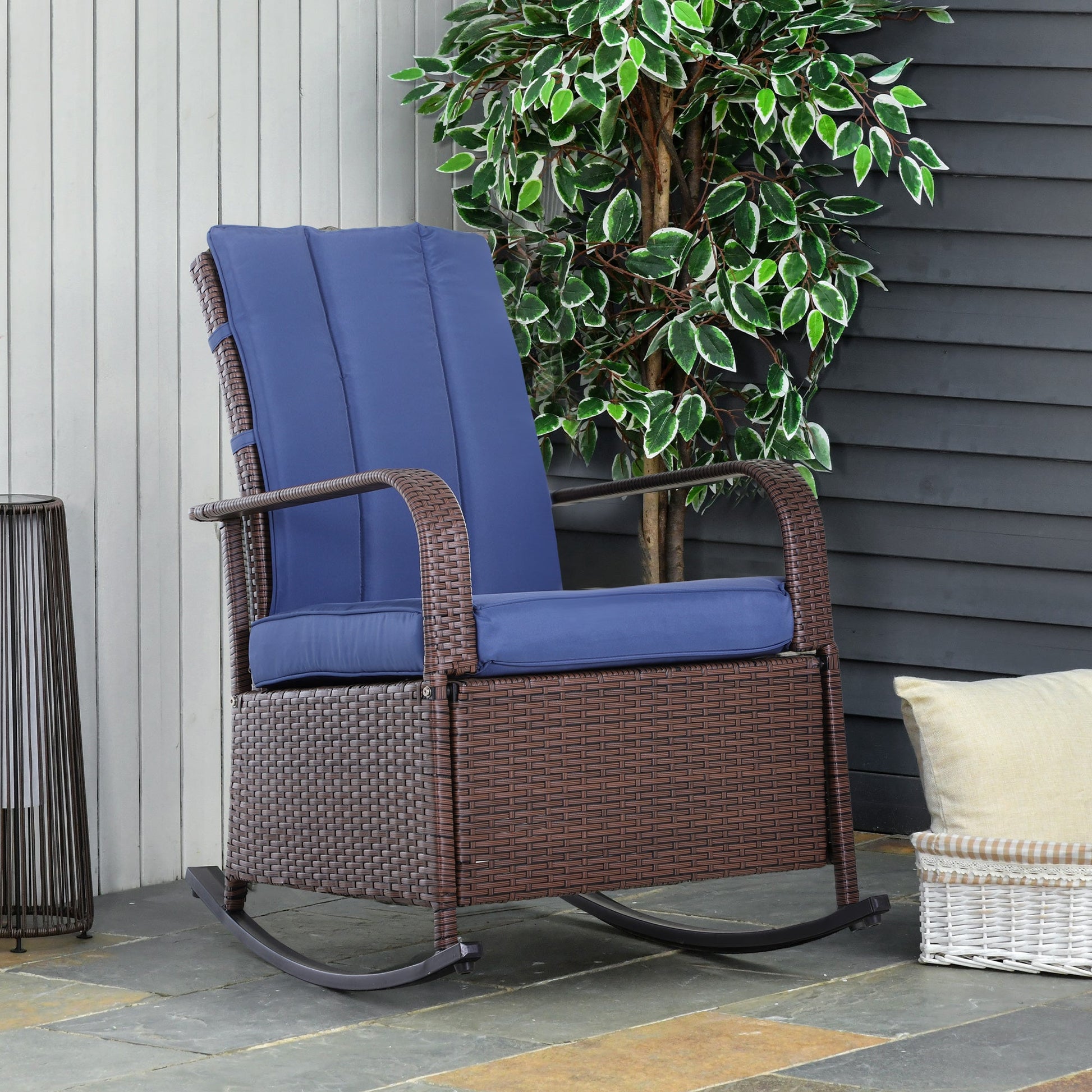 Outdoor Wicker Rocking Chair with Cushion, Patio PE Rattan Recliner Chair with Adjustable Footrest, Armrests, Dark Blue Outdoor Rocking Chairs   at Gallery Canada