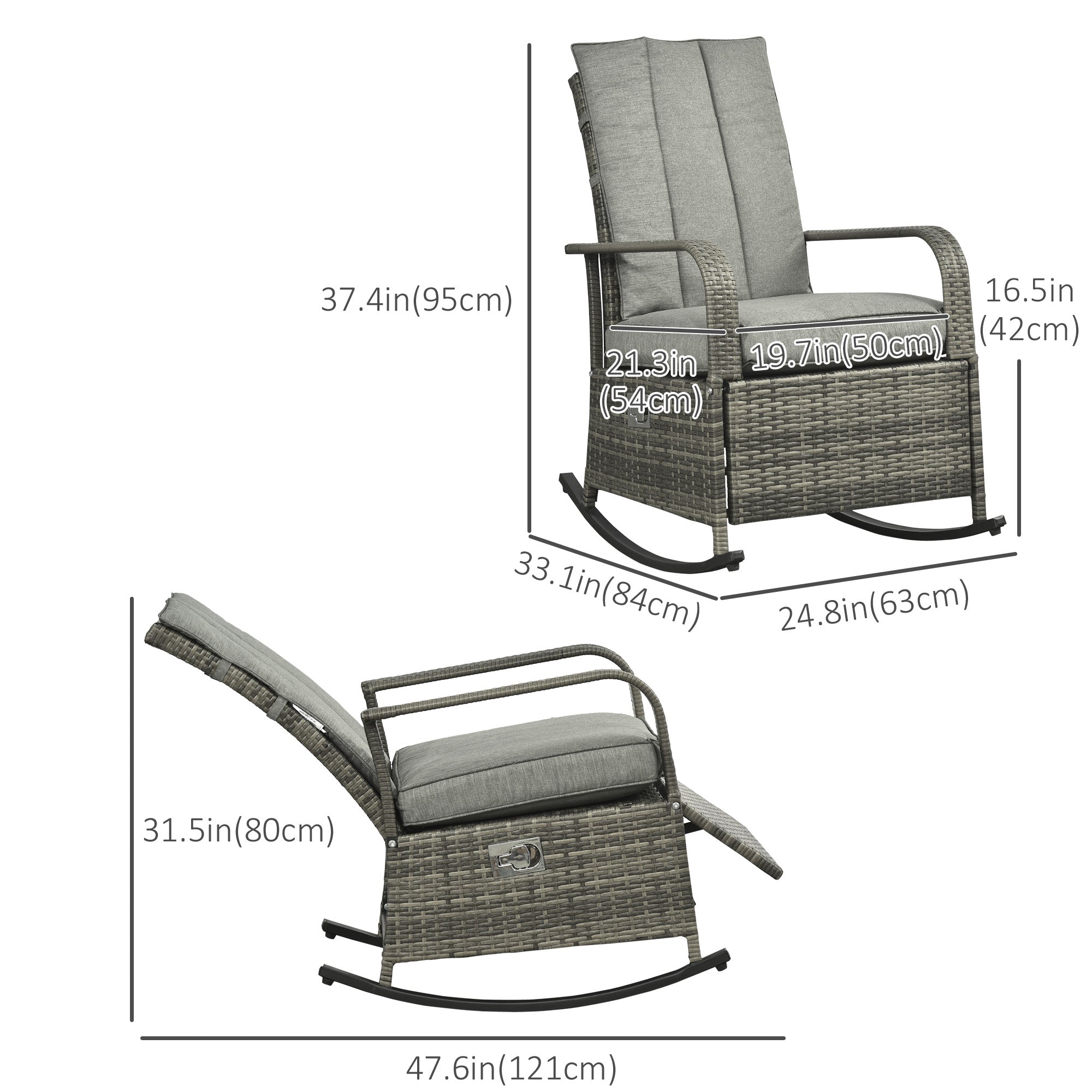 Outdoor Wicker Rocking Chair with Cushion, Patio PE Rattan Recliner Chair with Adjustable Footrest, Armrests, Mixed Grey Outdoor Rocking Chairs   at Gallery Canada