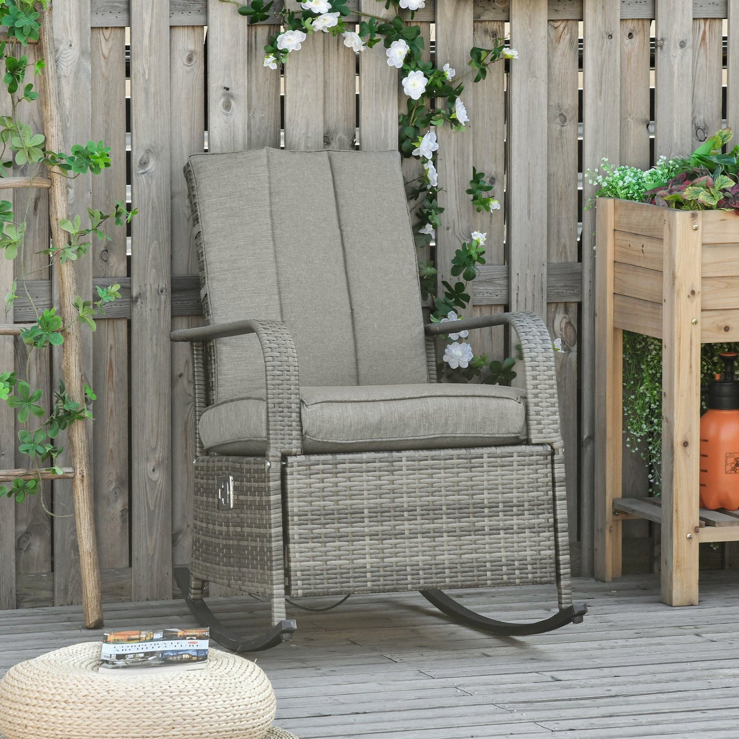 Outdoor Wicker Rocking Chair with Cushion, Patio PE Rattan Recliner Chair with Adjustable Footrest, Armrests, Mixed Grey Outdoor Rocking Chairs   at Gallery Canada