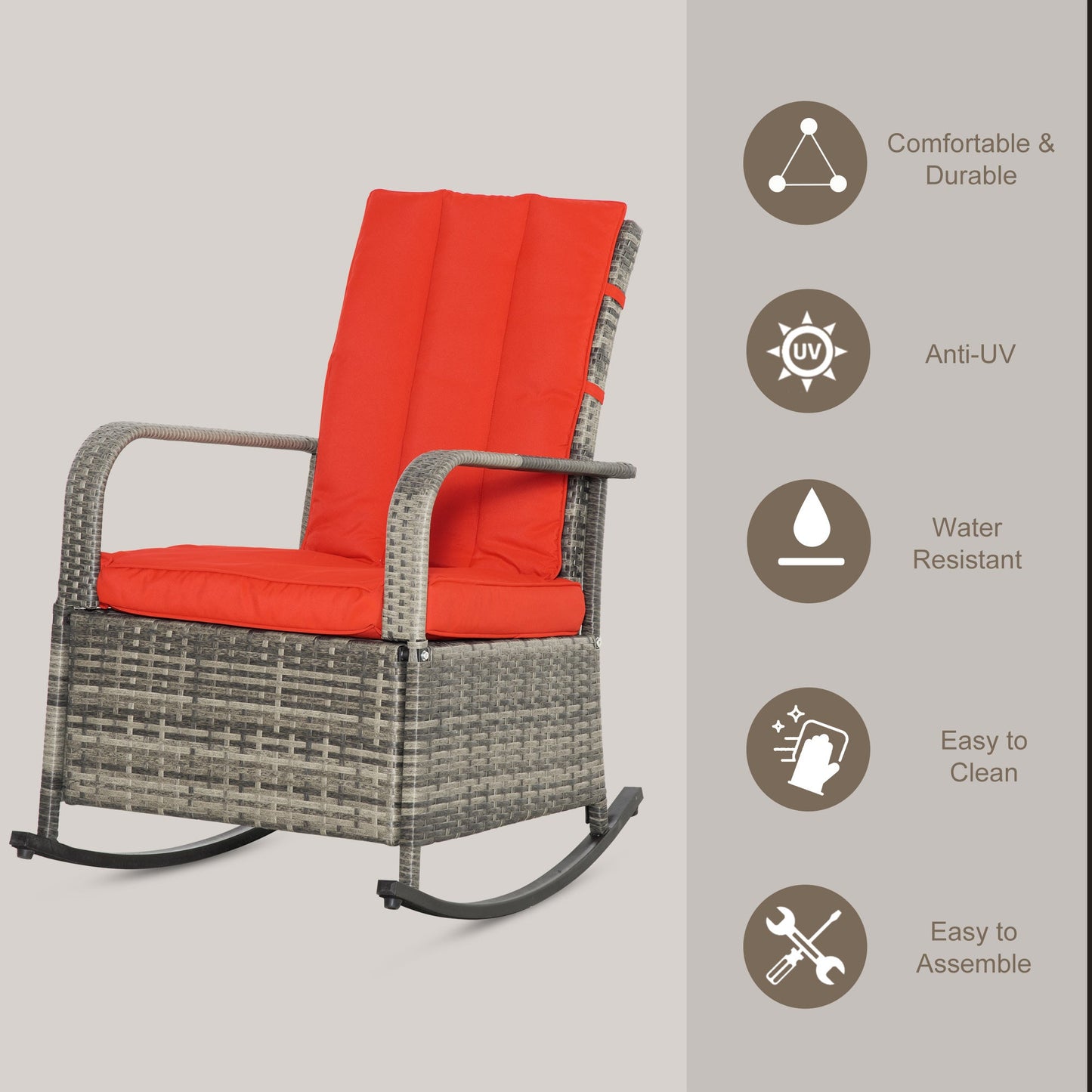 Outdoor Wicker Rocking Chair with Cushion, Patio PE Rattan Recliner Chair with Adjustable Footrest, Armrests, Red Outdoor Rocking Chairs   at Gallery Canada