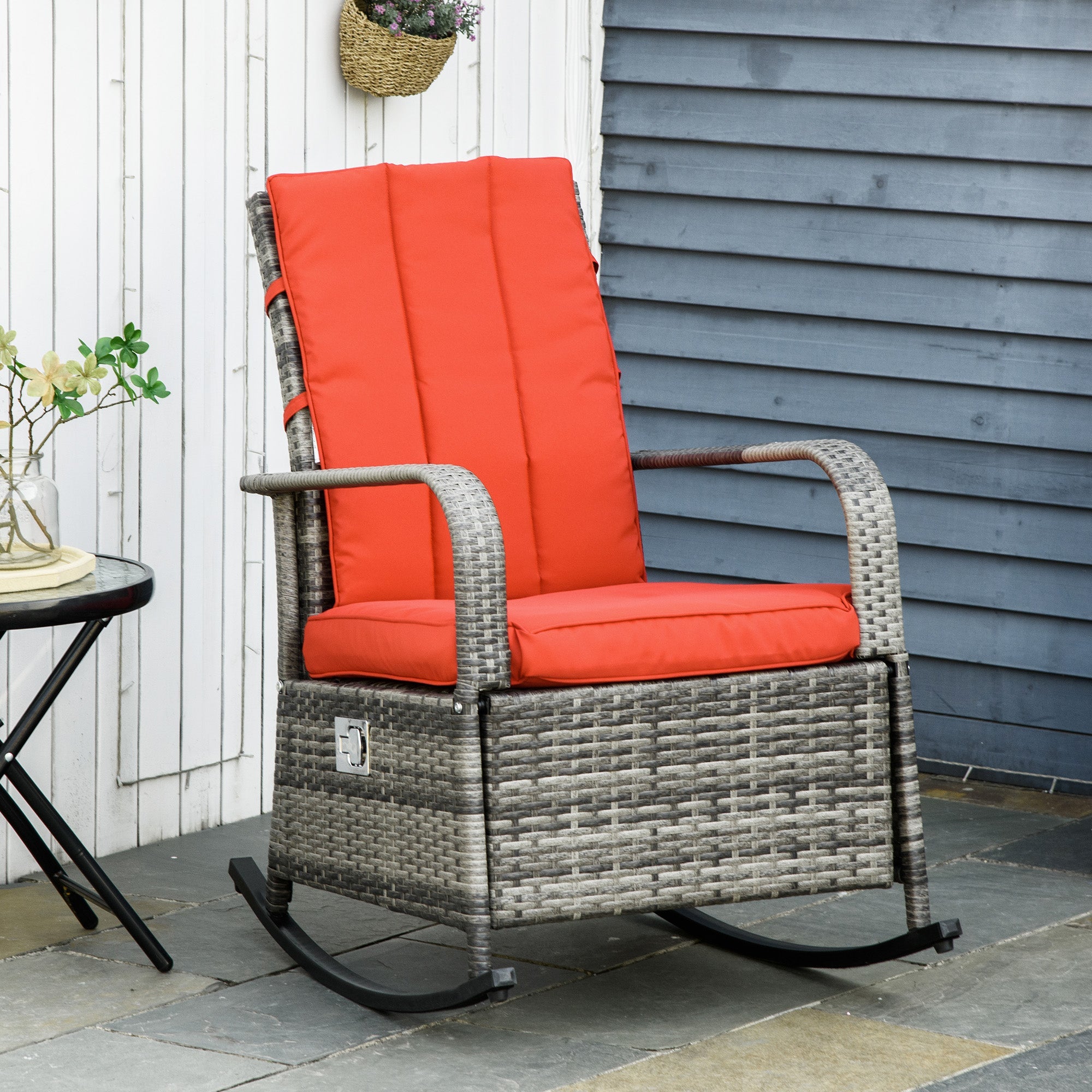 Outdoor Wicker Rocking Chair with Cushion, Patio PE Rattan Recliner Chair with Adjustable Footrest, Armrests, Red Outdoor Rocking Chairs   at Gallery Canada