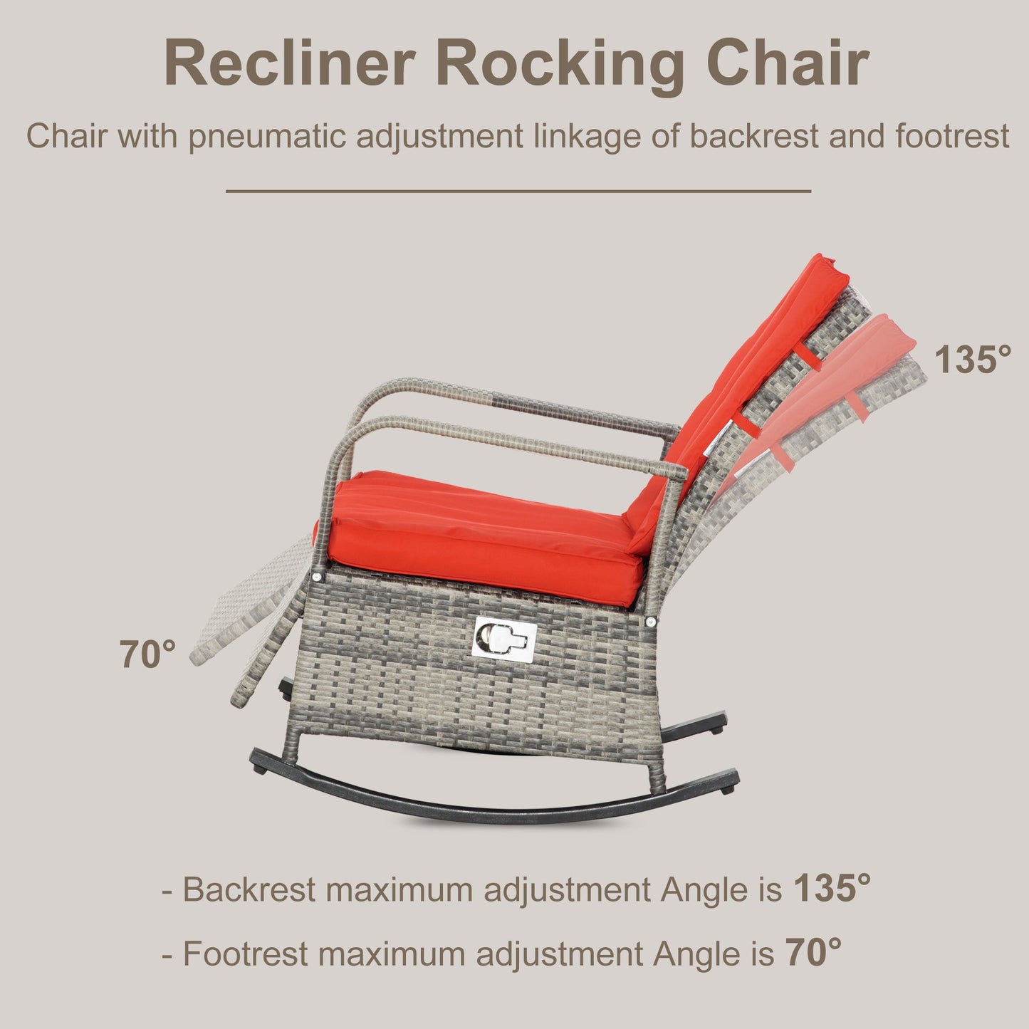 Outdoor Wicker Rocking Chair with Cushion, Patio PE Rattan Recliner Chair with Adjustable Footrest, Armrests, Red Outdoor Rocking Chairs   at Gallery Canada