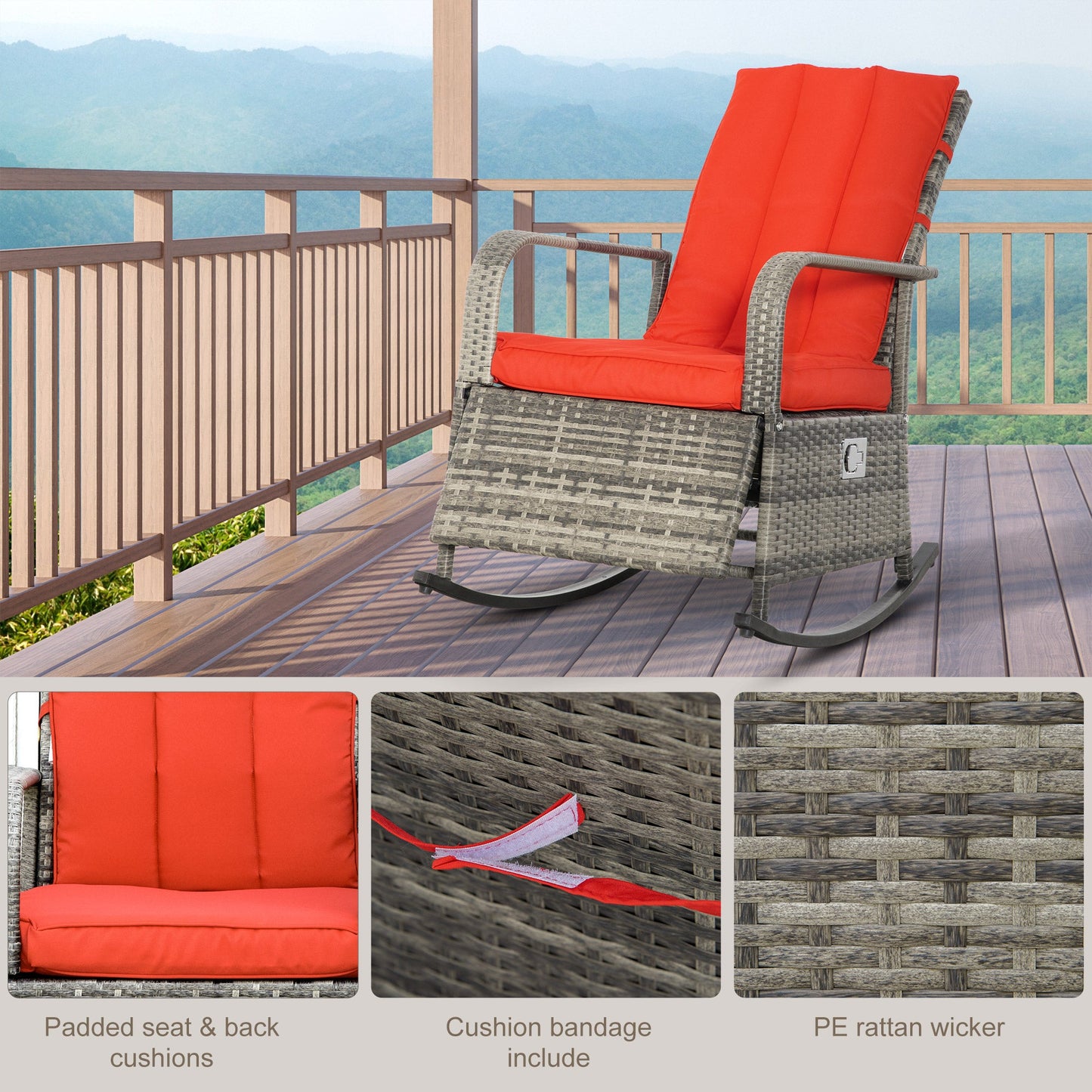 Outdoor Wicker Rocking Chair with Cushion, Patio PE Rattan Recliner Chair with Adjustable Footrest, Armrests, Red Outdoor Rocking Chairs   at Gallery Canada