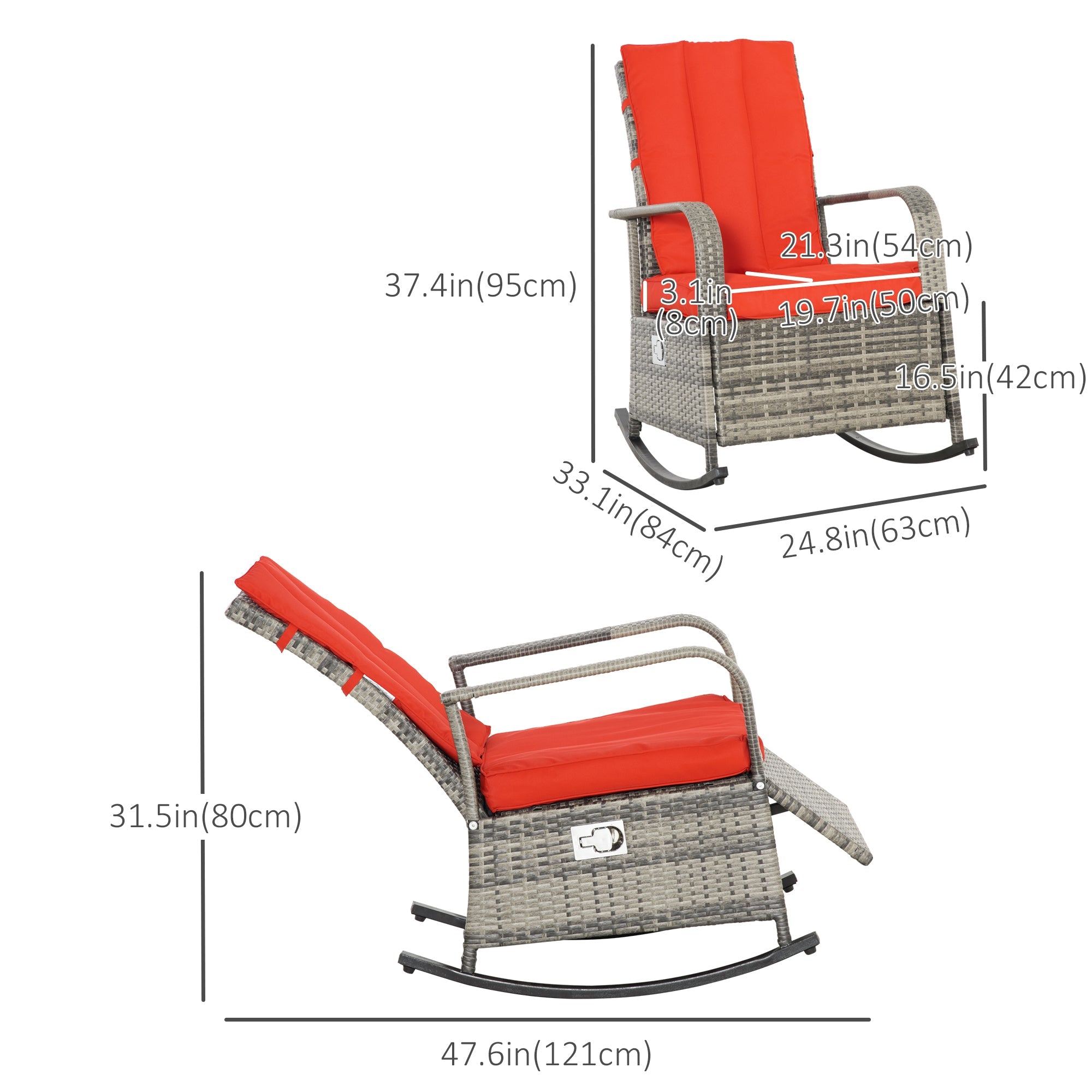 Outdoor Wicker Rocking Chair with Cushion, Patio PE Rattan Recliner Chair with Adjustable Footrest, Armrests, Red Outdoor Rocking Chairs   at Gallery Canada