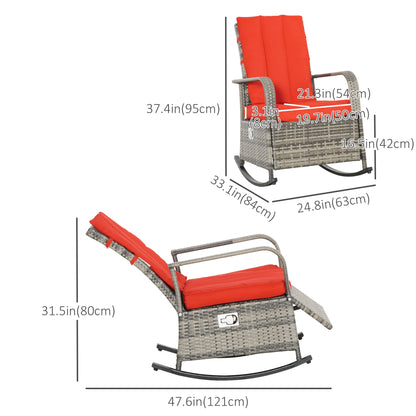 Outdoor Wicker Rocking Chair with Cushion, Patio PE Rattan Recliner Chair with Adjustable Footrest, Armrests, Red Outdoor Rocking Chairs   at Gallery Canada