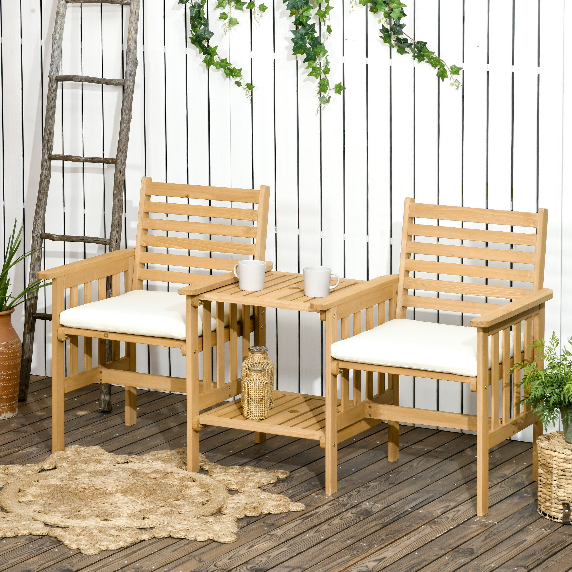 Wood Loveseat with Middle Table, Cushions, Umbrella Hole, Patio Furniture, Brown Outdoor Benches   at Gallery Canada