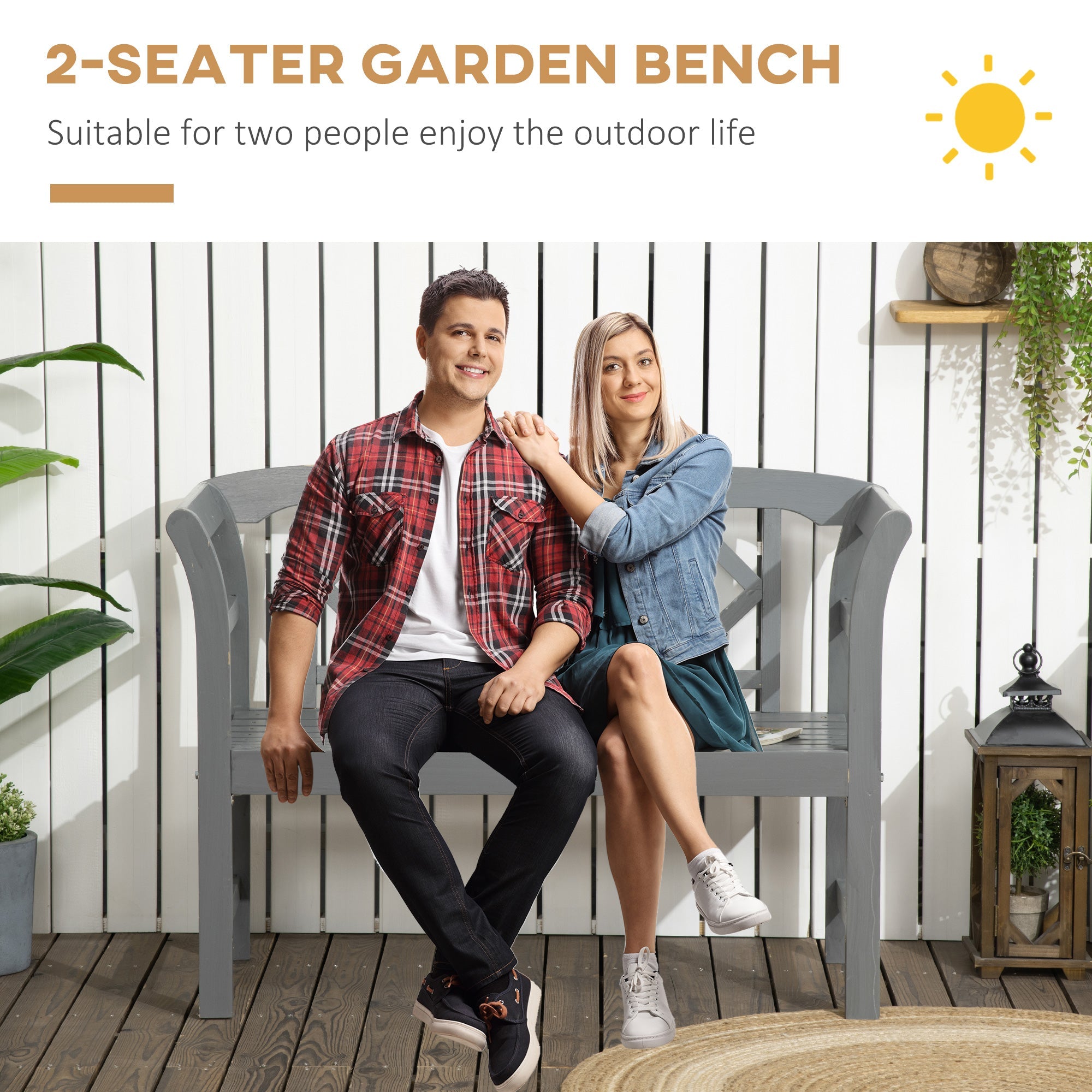 Outdoor Wooden Bench, Patio Loveseat Chair with Stylish Pattern Backrest and Armrests for Yard, Lawn, Porch, Dark Gray Outdoor Benches   at Gallery Canada