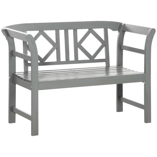 Outdoor Wooden Bench, Patio Loveseat Chair with Stylish Pattern Backrest and Armrests for Yard, Lawn, Porch, Dark Gray