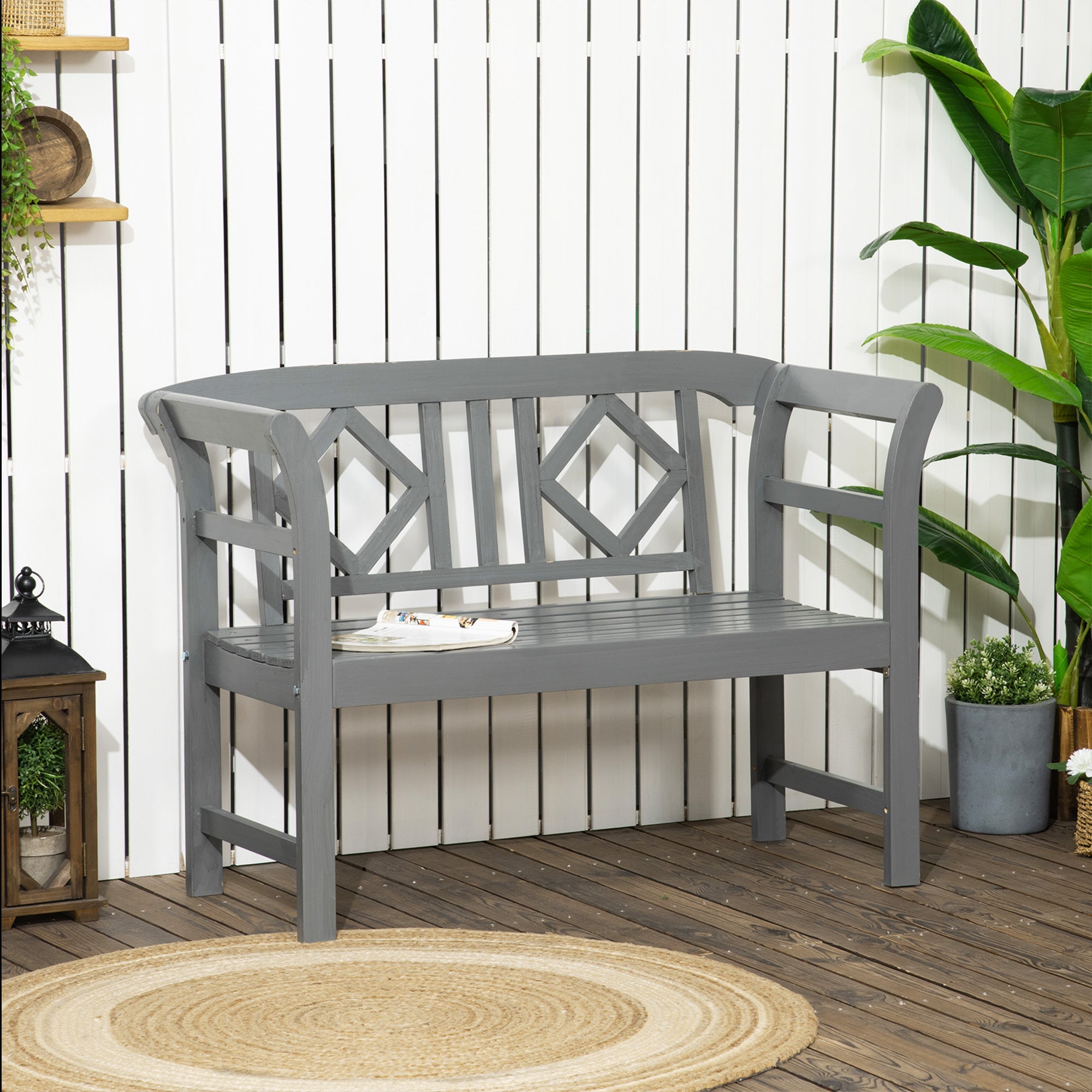 Outdoor Wooden Bench, Patio Loveseat Chair with Stylish Pattern Backrest and Armrests for Yard, Lawn, Porch, Dark Gray Outdoor Benches   at Gallery Canada